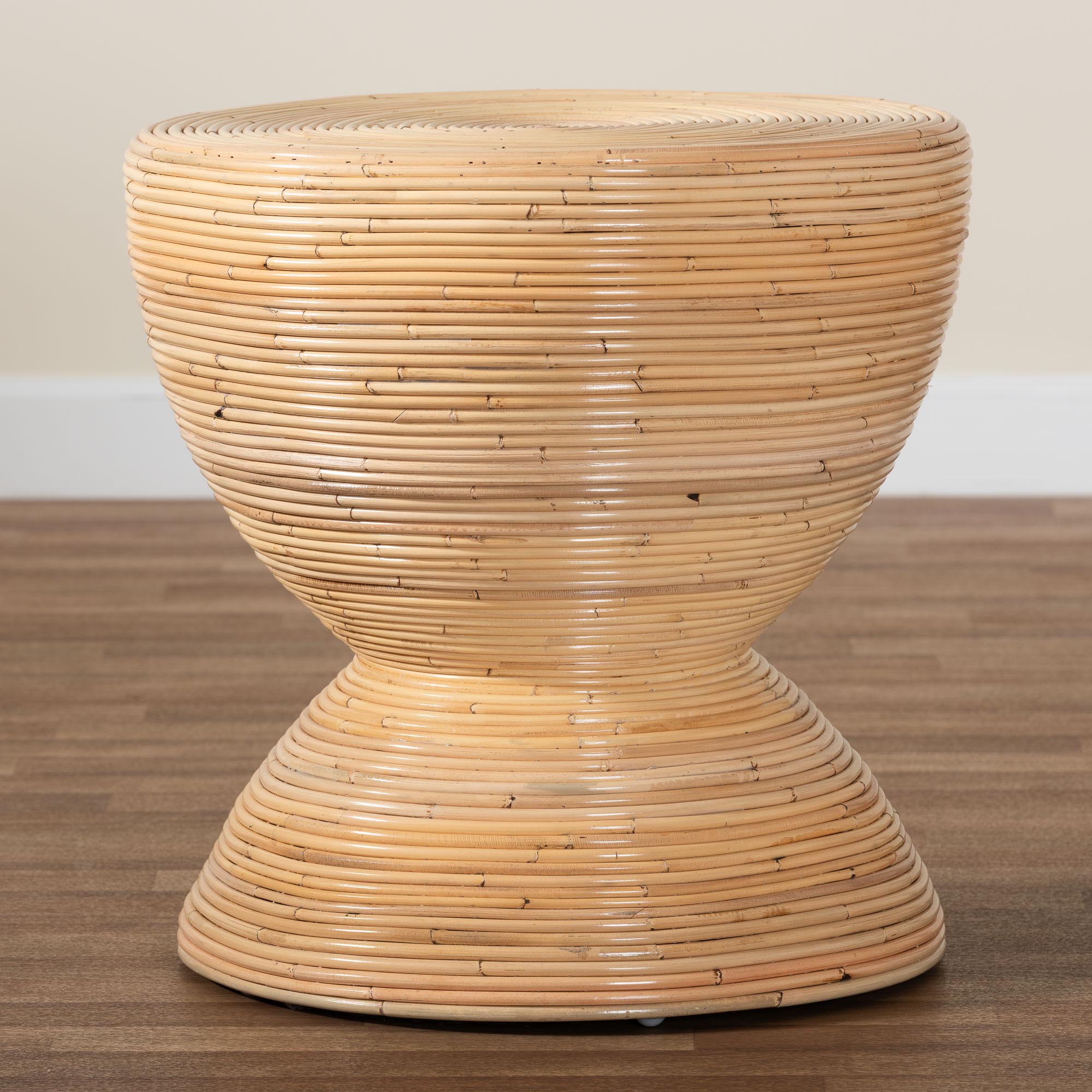 bali & pari Tokyo Laminated Rattan Side Table - Hourglass Accent Table with Modern Sculptural Design, Boho Chic Style for Living Room or Bedroom,