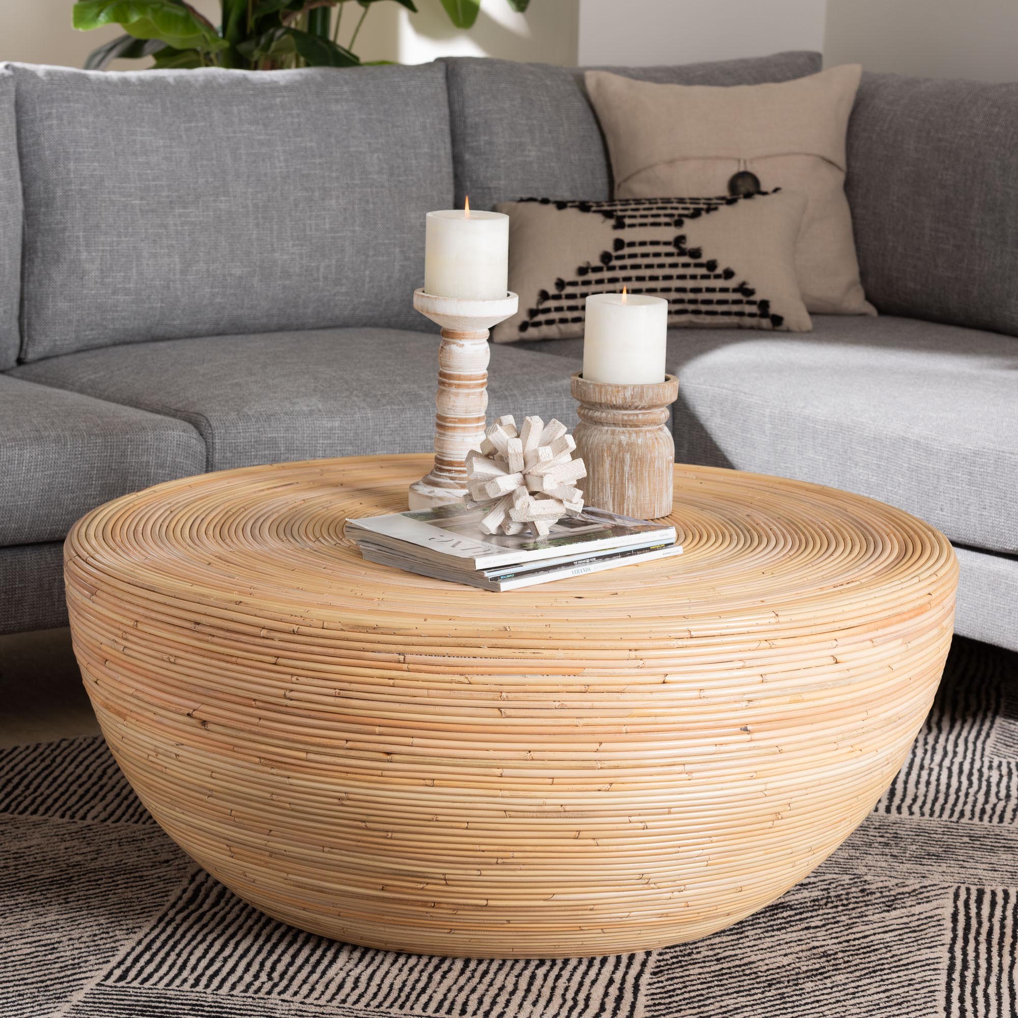 bali & pari Tokyo Laminated Rattan Coffee Table - Handcrafted Bowl-Shaped Center Table for Living Room, Coastal Boho Style Furniture in