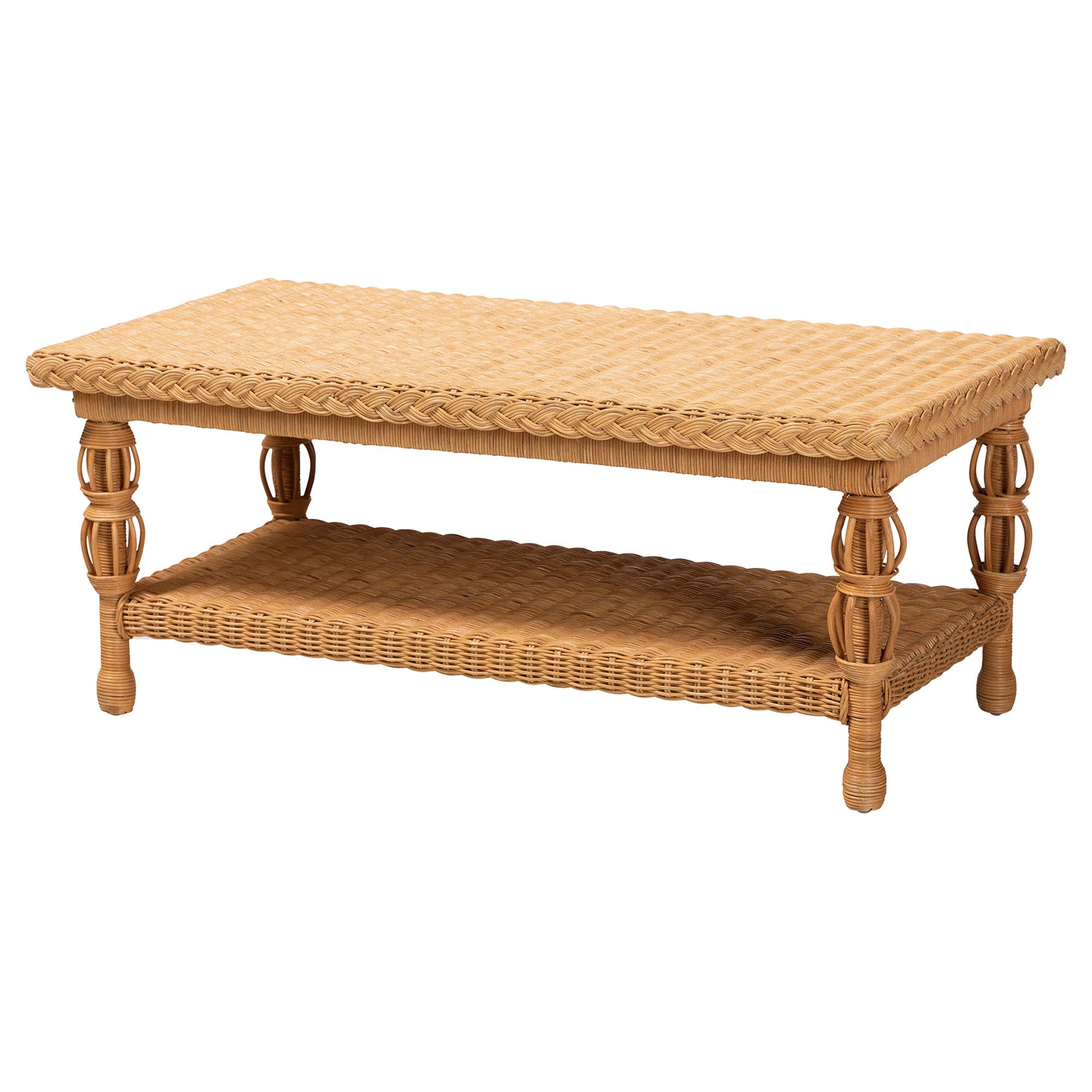 bali & pari Dolby Rattan Coffee Table - Handwoven Wicker Accent Table with Lower Shelf, Coastal Boho Style Living Room Centerpiece