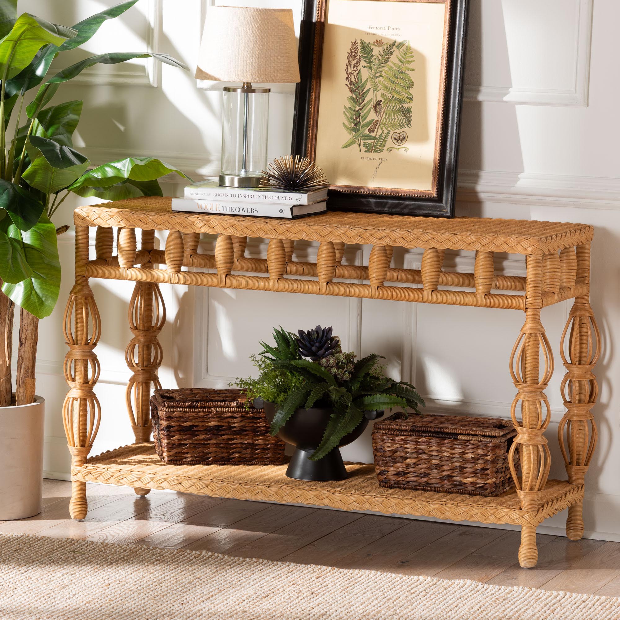 bali & pari Dolby Rattan Console Table - Handwoven Wicker Accent Table with Openwork Design and Lower Shelf, Coastal Boho Style for Entryway or Living Room