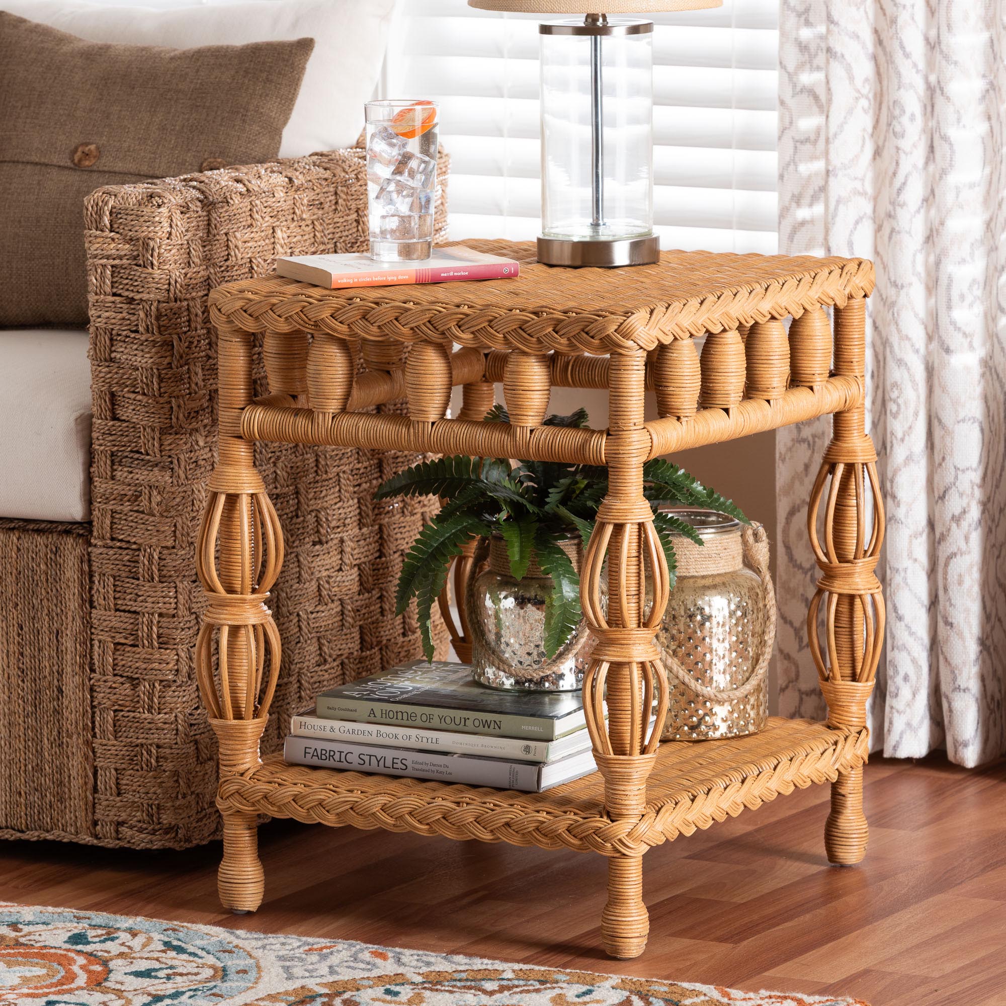 bali & pari Dolby Rattan End Table - Handwoven Wicker Side Table with Lower Shelf, Coastal Boho Style Accent Table for Living Room or Bedroom