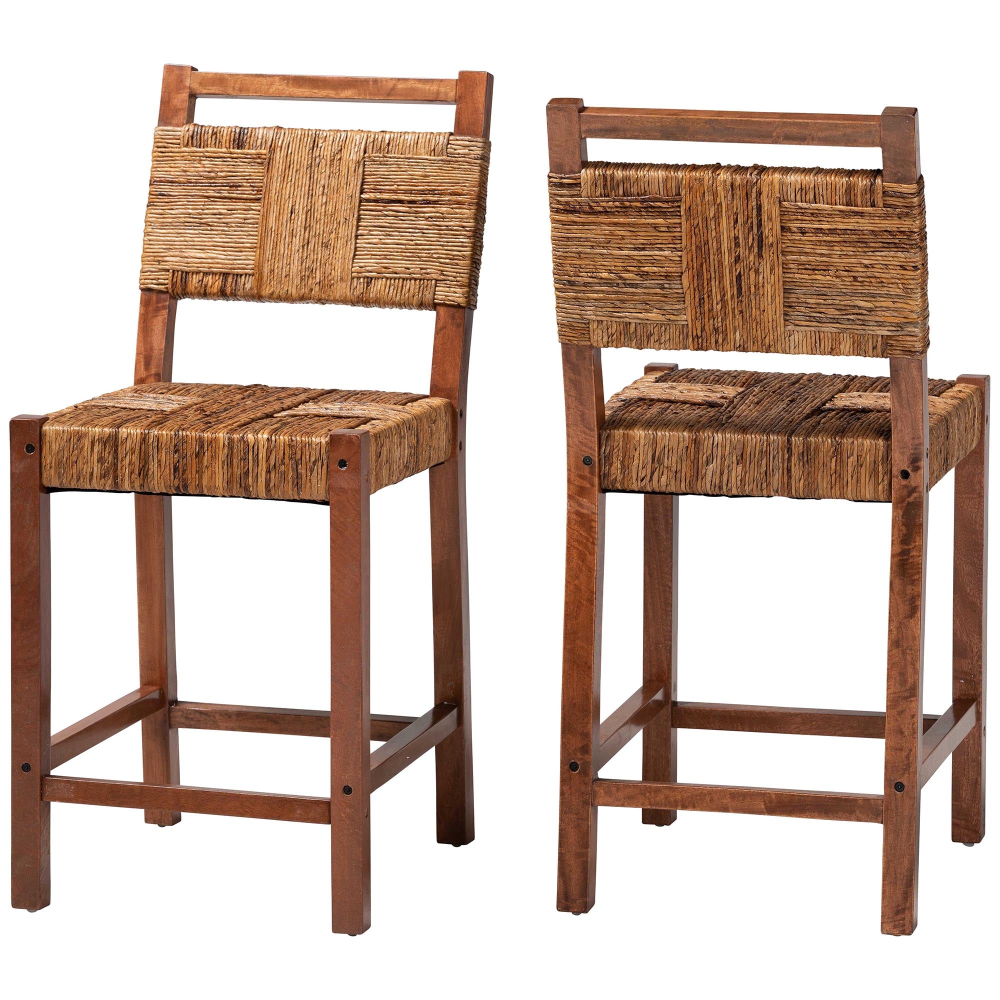 bali & pari Chabela Seagrass Counter Stool Set of 2 - Solid Mango Wood Frame with Woven Seat and Backrest, Rustic Boho Style Dining or Kitchen Island Seating,