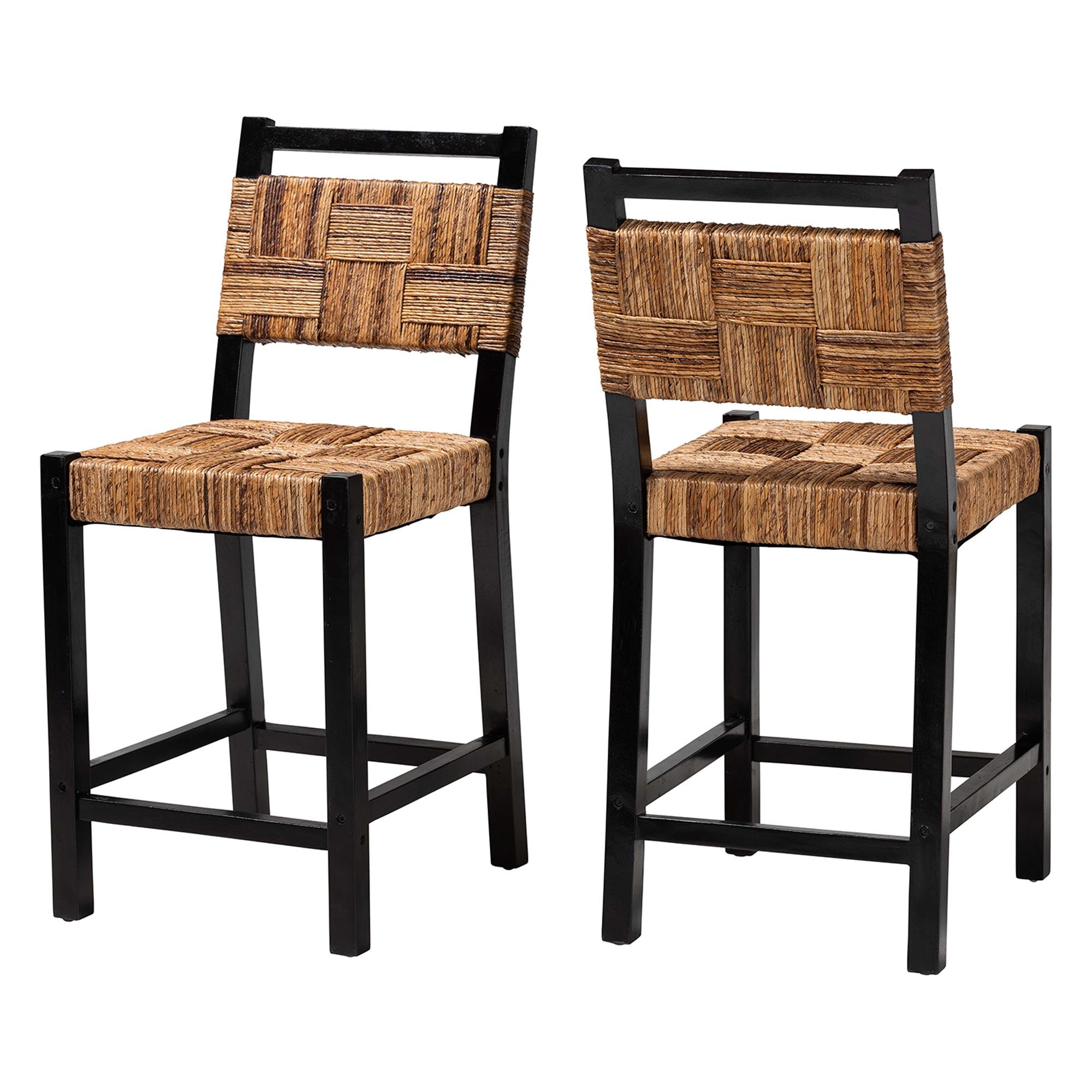 bali & pari Raniya Seagrass Counter Stool Set of 2 - Solid Mango Wood Frame with Woven Seat and Backrest, Rustic Boho Style Dining or Kitchen Island Seating,