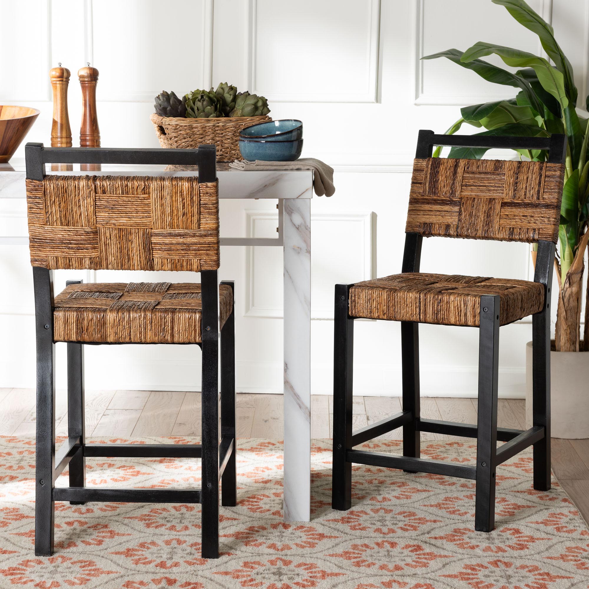 bali & pari Raniya Seagrass Counter Stool Set of 2 - Solid Mango Wood Frame with Woven Seat and Backrest, Rustic Boho Style Dining or Kitchen Island Seating,