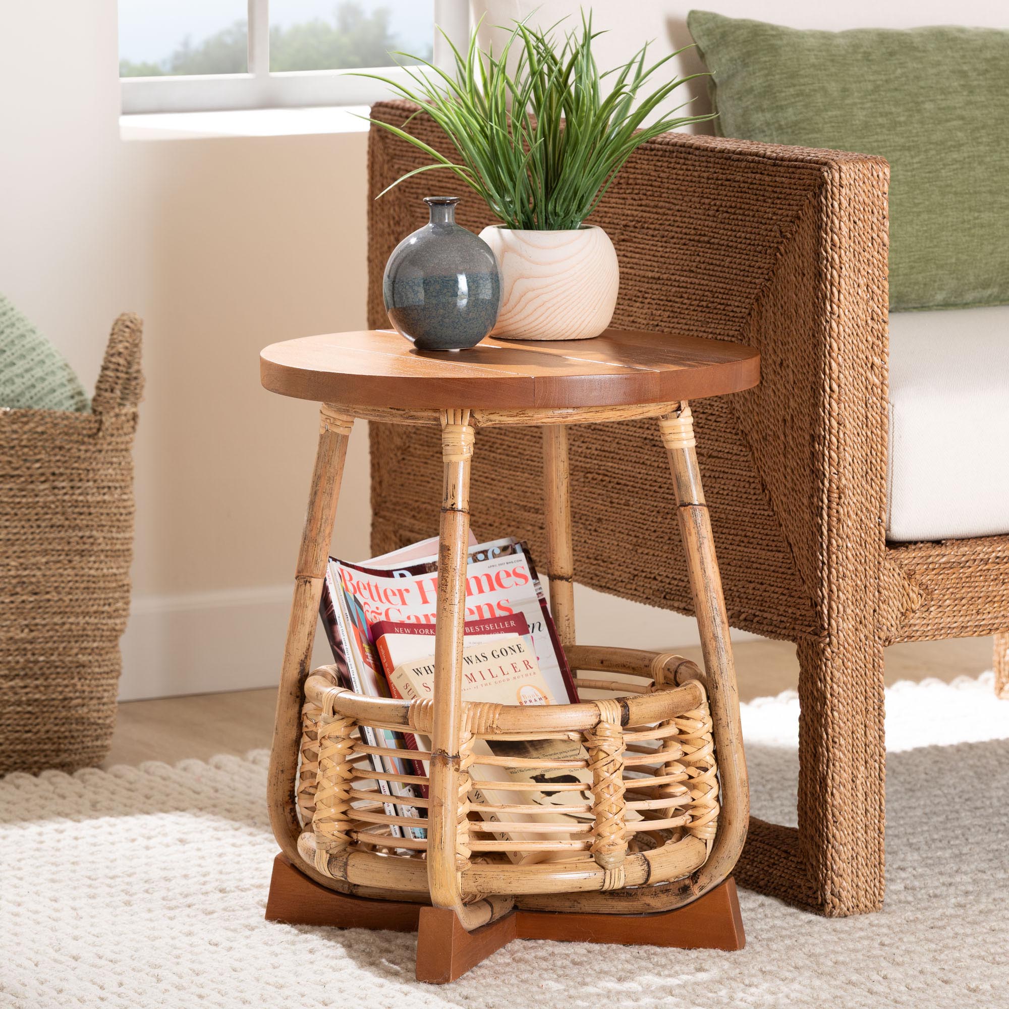 bali & pari Derenik Rattan and Mahogany Wood End Table - Boho Accent Side Table with Woven Basket Base, Coastal Style Nightstand or Living Room Table