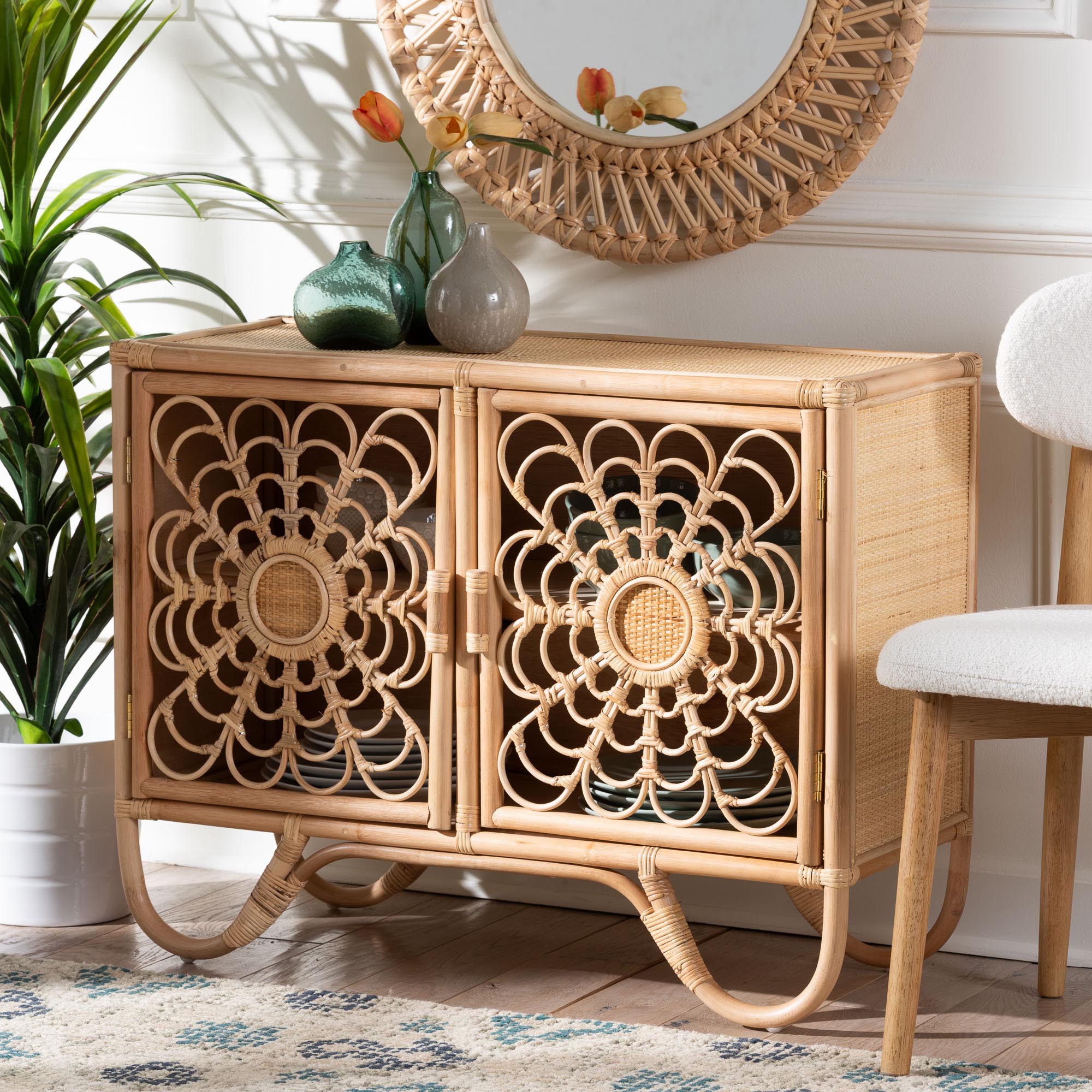 bali & pari Acelin Rattan Storage Cabinet - Handcrafted Boho Accent Console with Floral Woven Doors, Wicker Sideboard for Living Room or Entryway