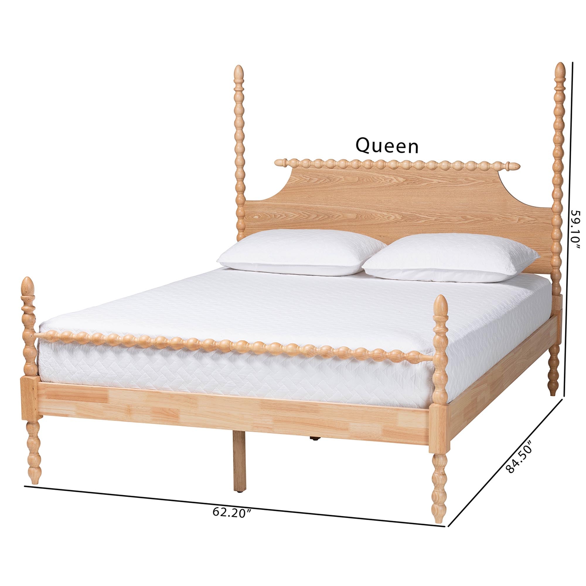 Caliana Bobbin Four-Poster Platform Bed - Wooden Bed Frame with Turned Spindle Posts and Panel Headboard, Vintage-Inspired Bedroom Furniture, ,