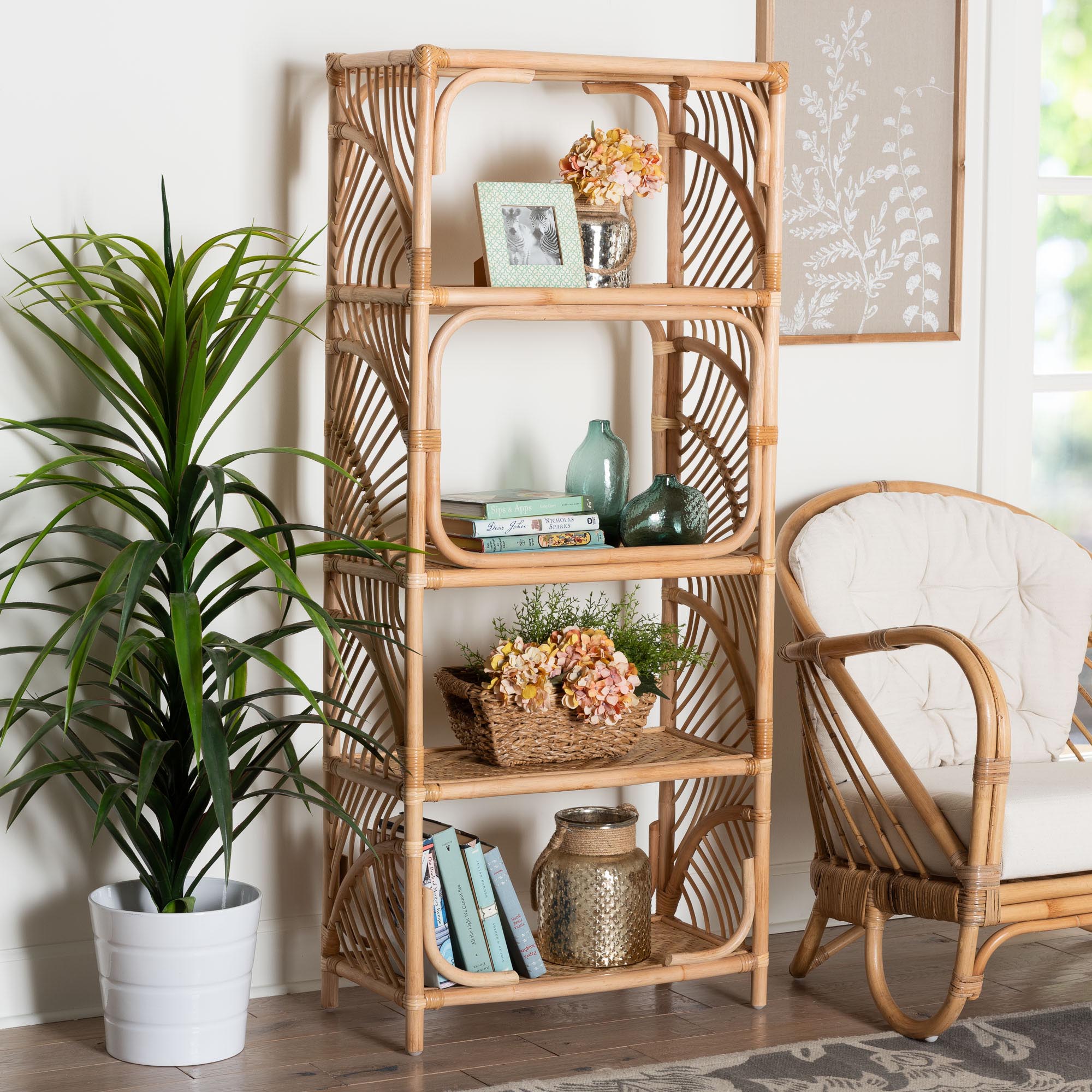 bali & pari Baara Rattan 4-Tier Display Shelf - Handcrafted Bookcase with Openwork Side Panels, Boho Coastal Design for Living Room or Bedroom