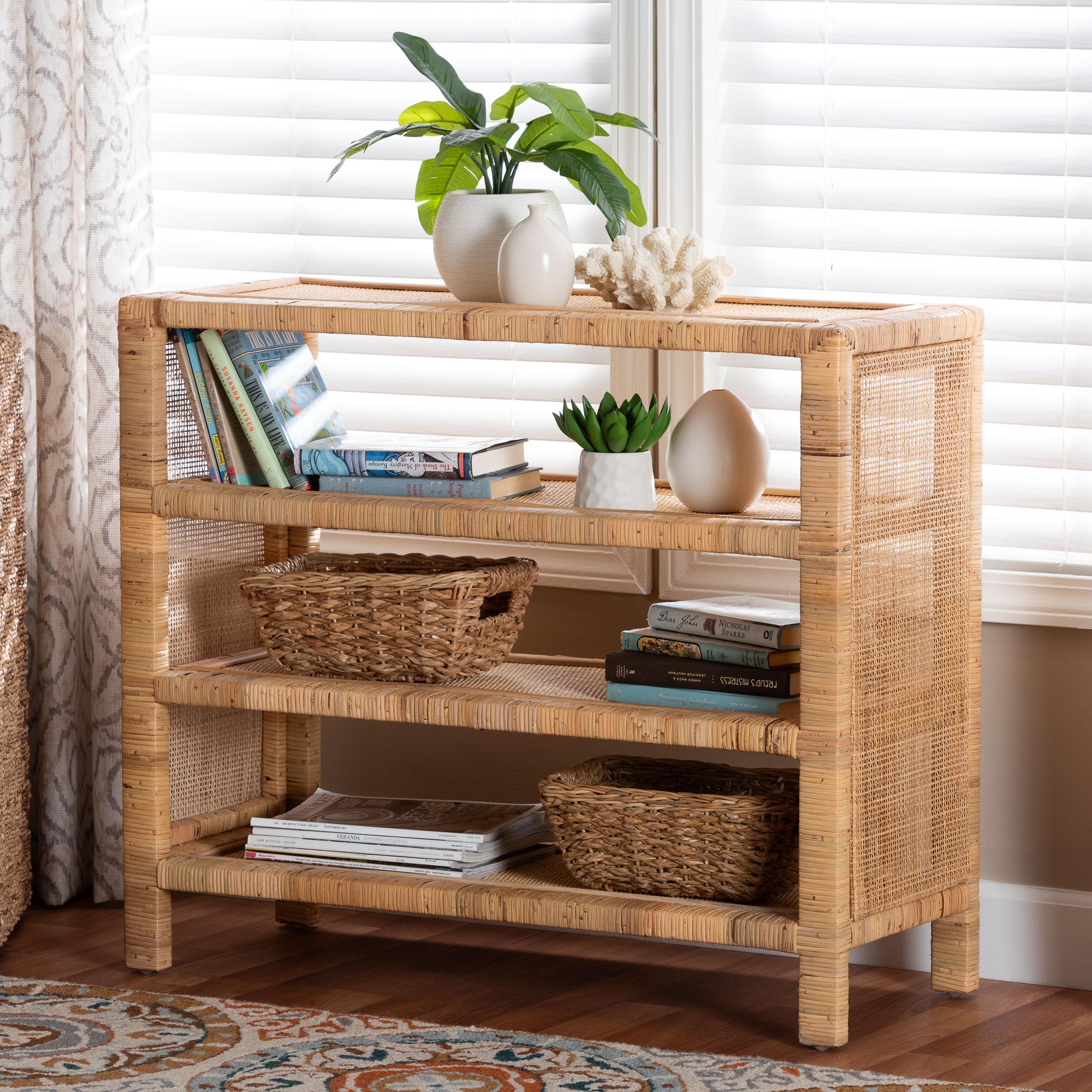 bali & pari Abelia Rattan 4-Tier Display Shelf - Handwoven Boho Coastal Bookcase or Entryway Storage, Lightweight Wicker Accent Furniture
