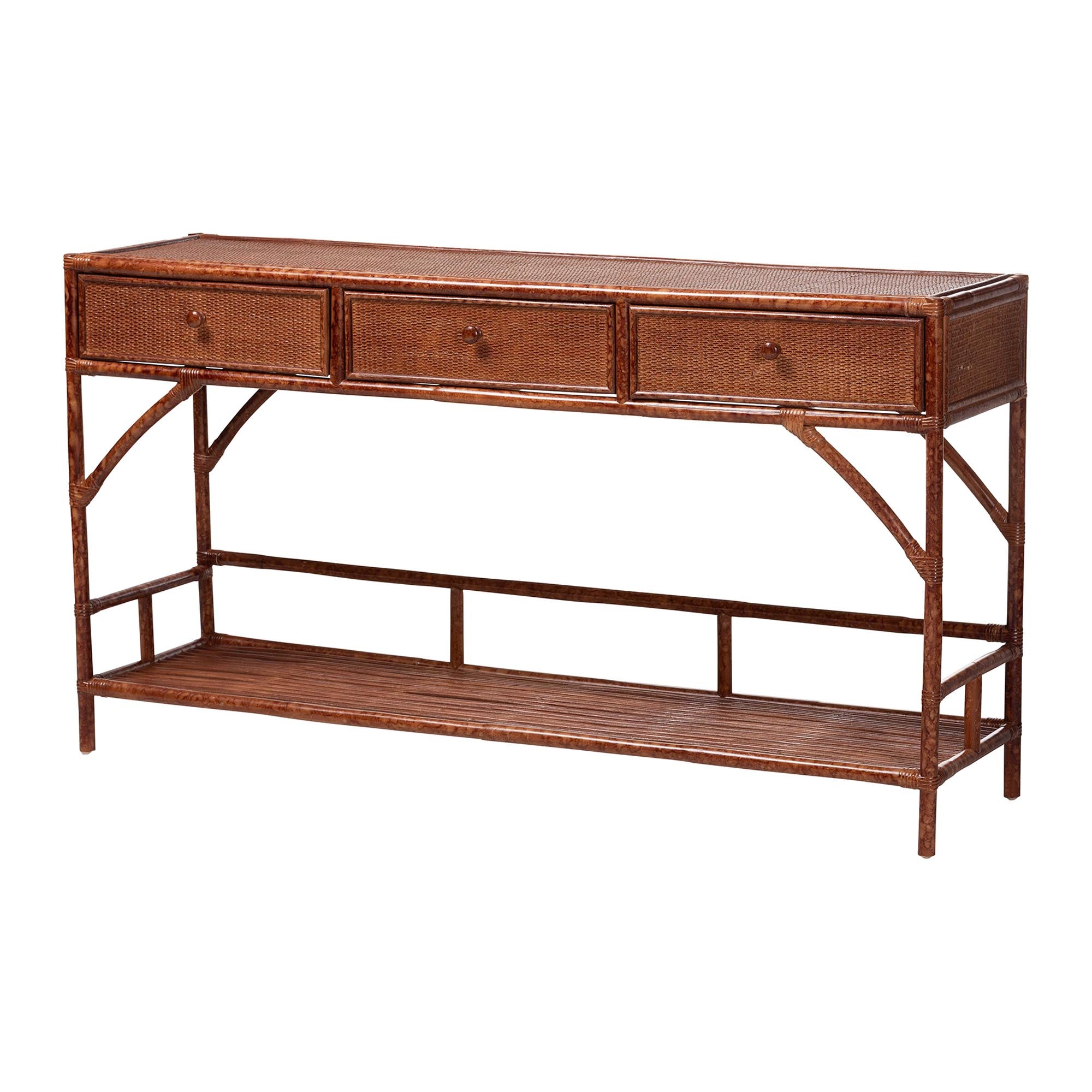 bali & pari Brier Marbled Tortoise Rattan Console Table - Handcrafted Accent Table with 3-Drawers and Lower Shelf, Coastal Boho Style for Entryway, Hallway, or Living Room