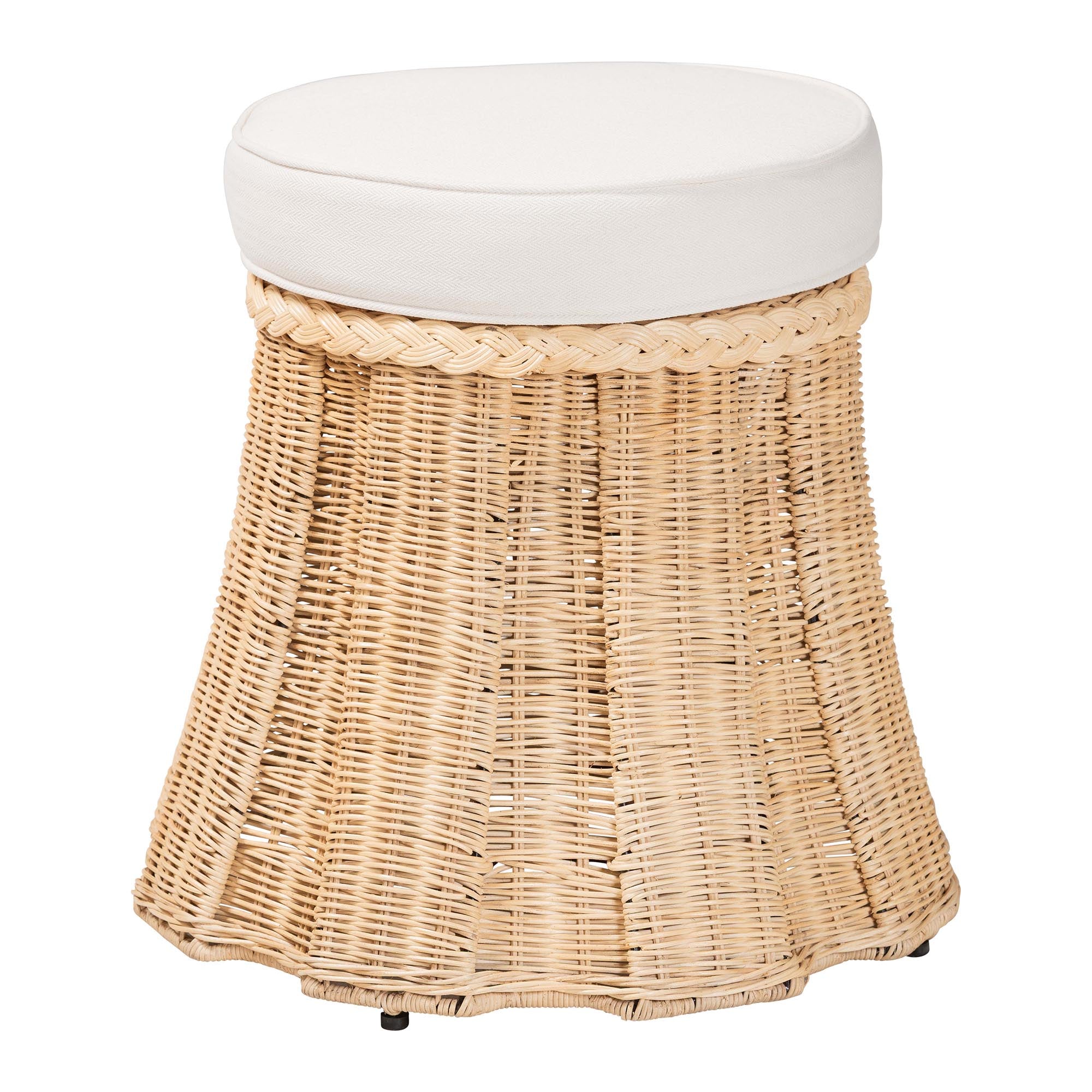 bali & pari Ying Round Rattan Ottoman with Cushion - Handwoven Wicker Pleated Skirt Accent Coffee Table or Extra Seating for Living Room or Sunroom, Small