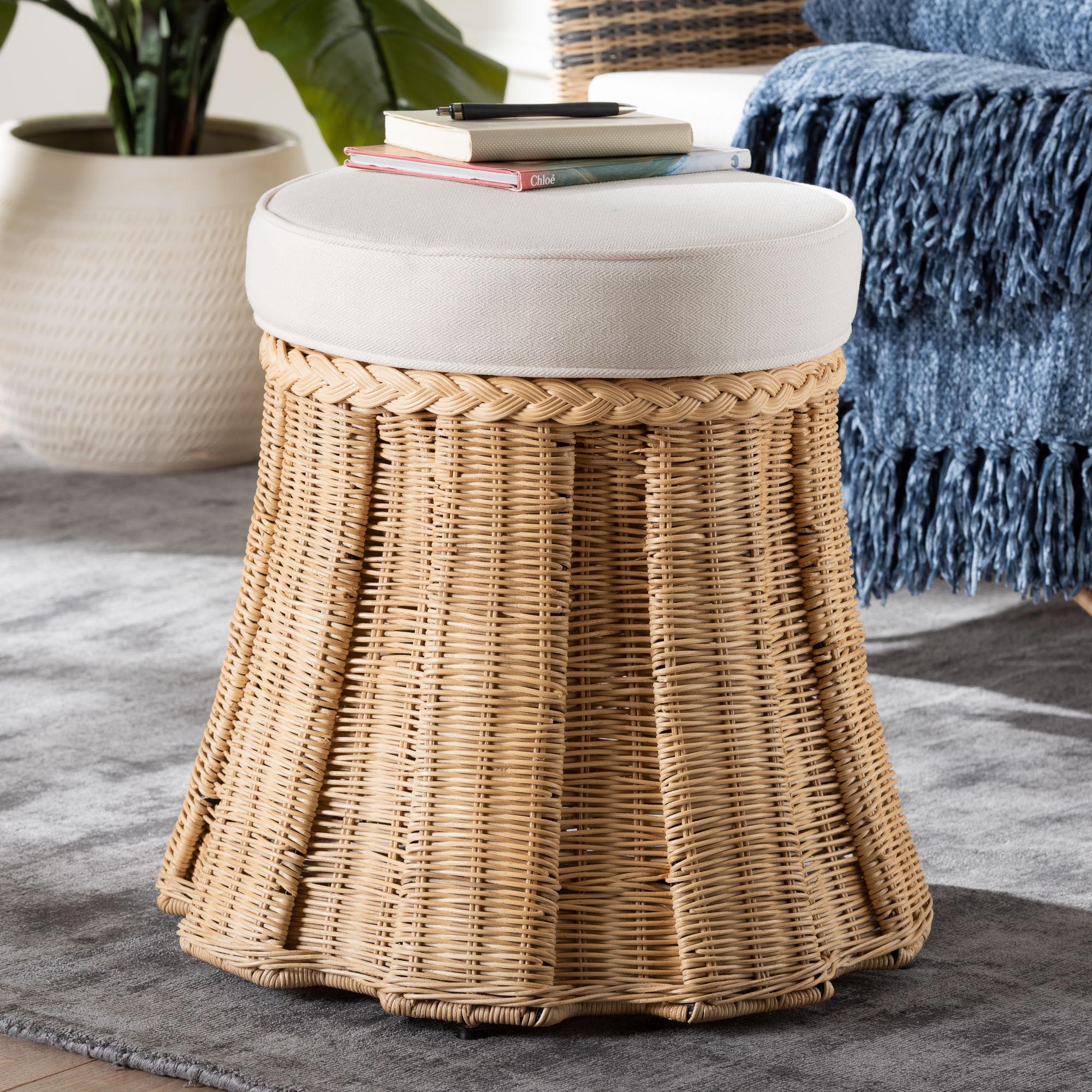 bali & pari Ying Round Rattan Ottoman with Cushion - Handwoven Wicker Pleated Skirt Accent Coffee Table or Extra Seating for Living Room or Sunroom, Small