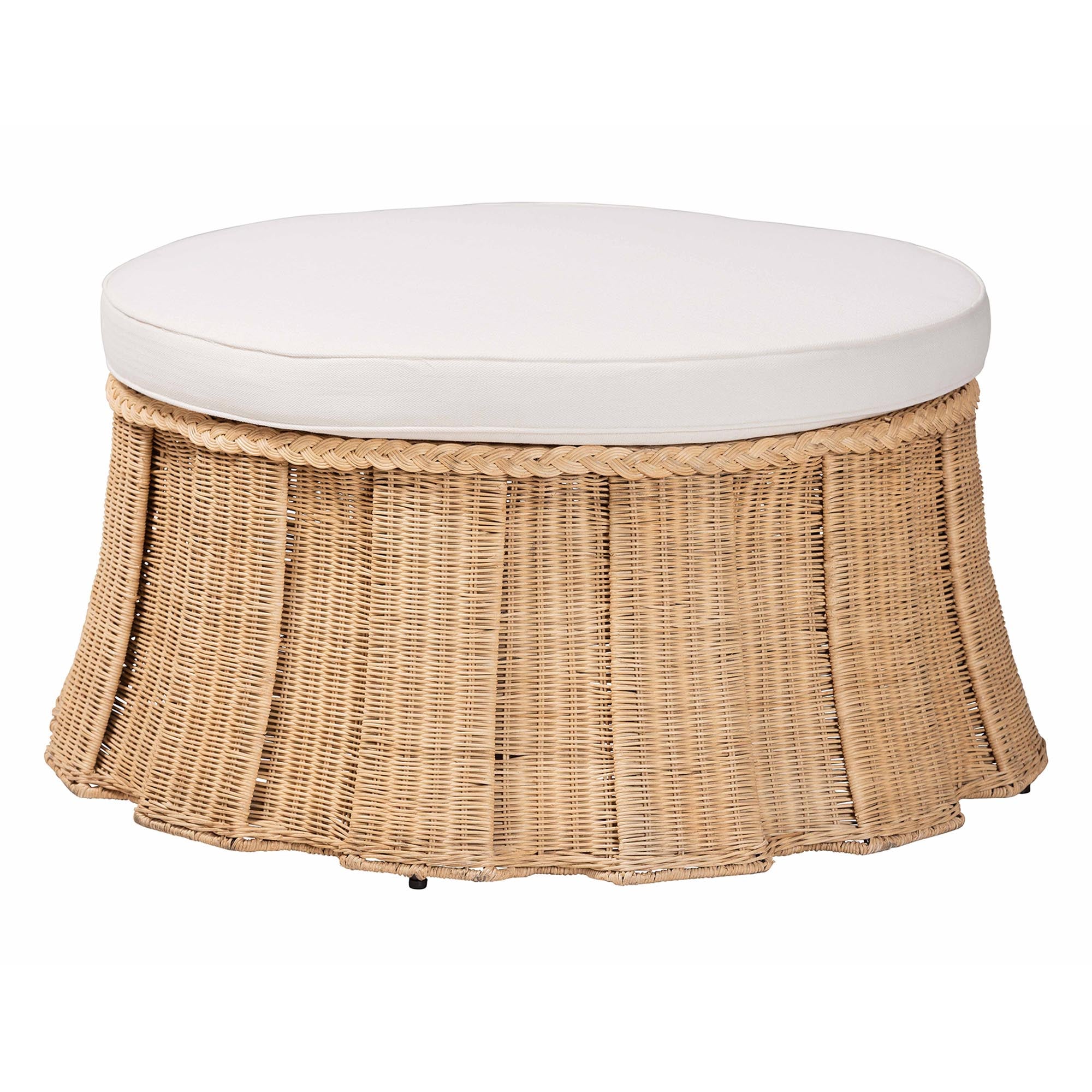 bali & pari Ying Round Rattan Ottoman with Cushion - Handwoven Wicker Pleated Skirt Accent Coffee Table or Extra Seating for Living Room or Sunroom, Large
