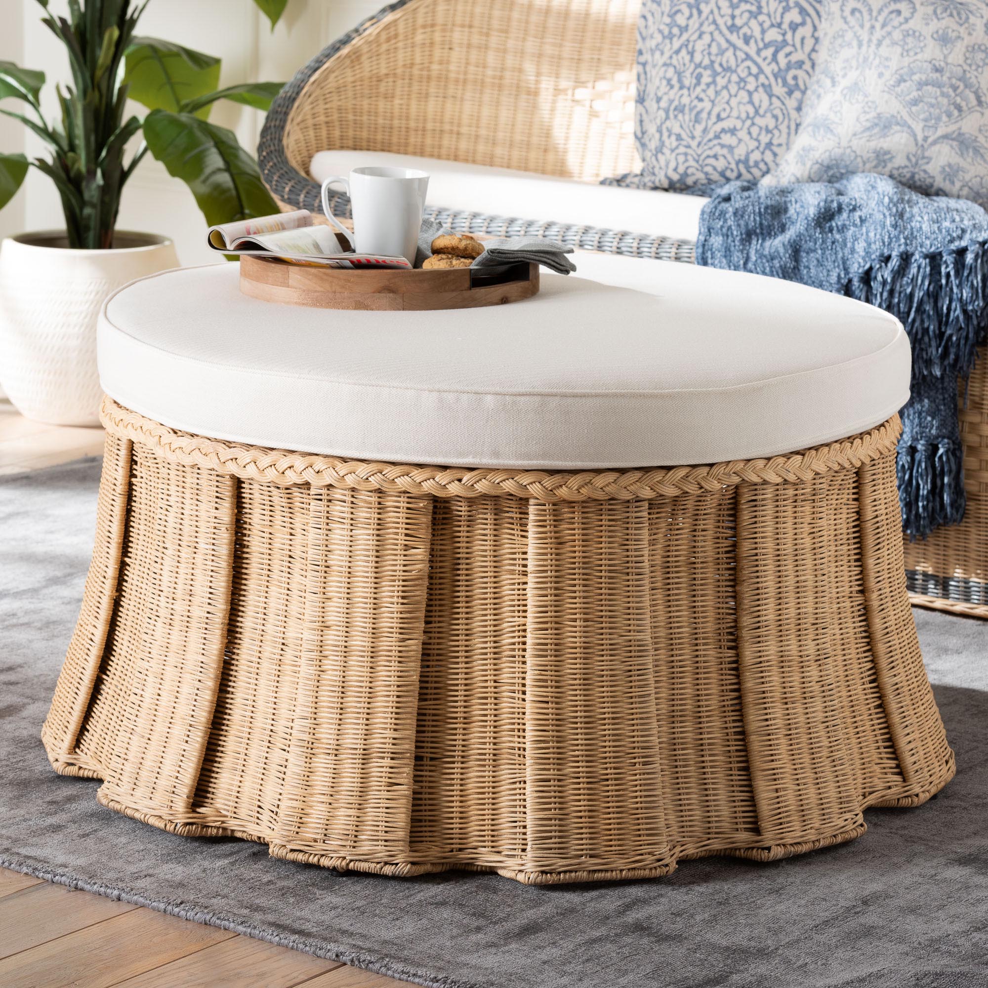 bali & pari Ying Round Rattan Ottoman with Cushion - Handwoven Wicker Pleated Skirt Accent Coffee Table or Extra Seating for Living Room or Sunroom, Large