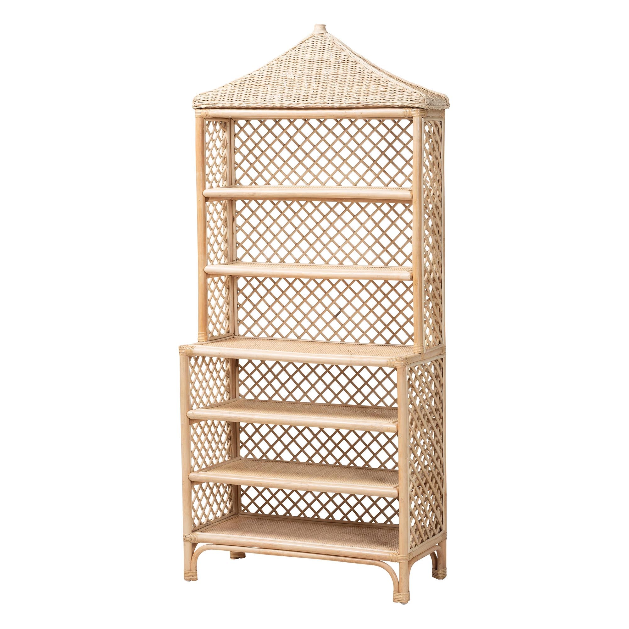 bali & pari Adonis Rattan Display Shelf - Freestanding 6-Tier bookcase with Pagoda Top, Coastal Boho Storage Organizer