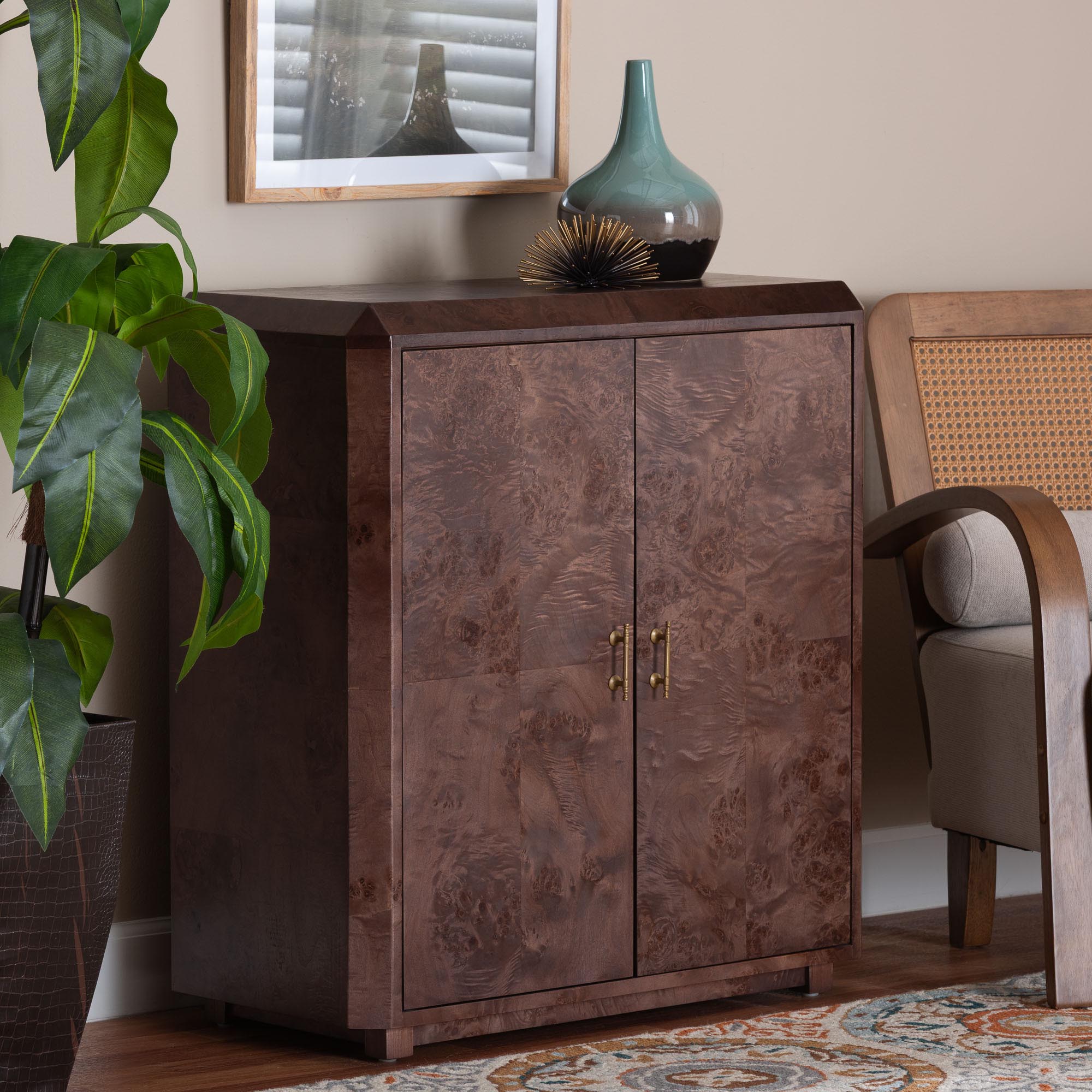 bali & pari Valora Real Burl Wood Storage Cabinet in Dark - Modern Accent Cupboard with Double Doors and Brass Handles, Elegant Sideboard for Living Room, Entryway or Dining Area