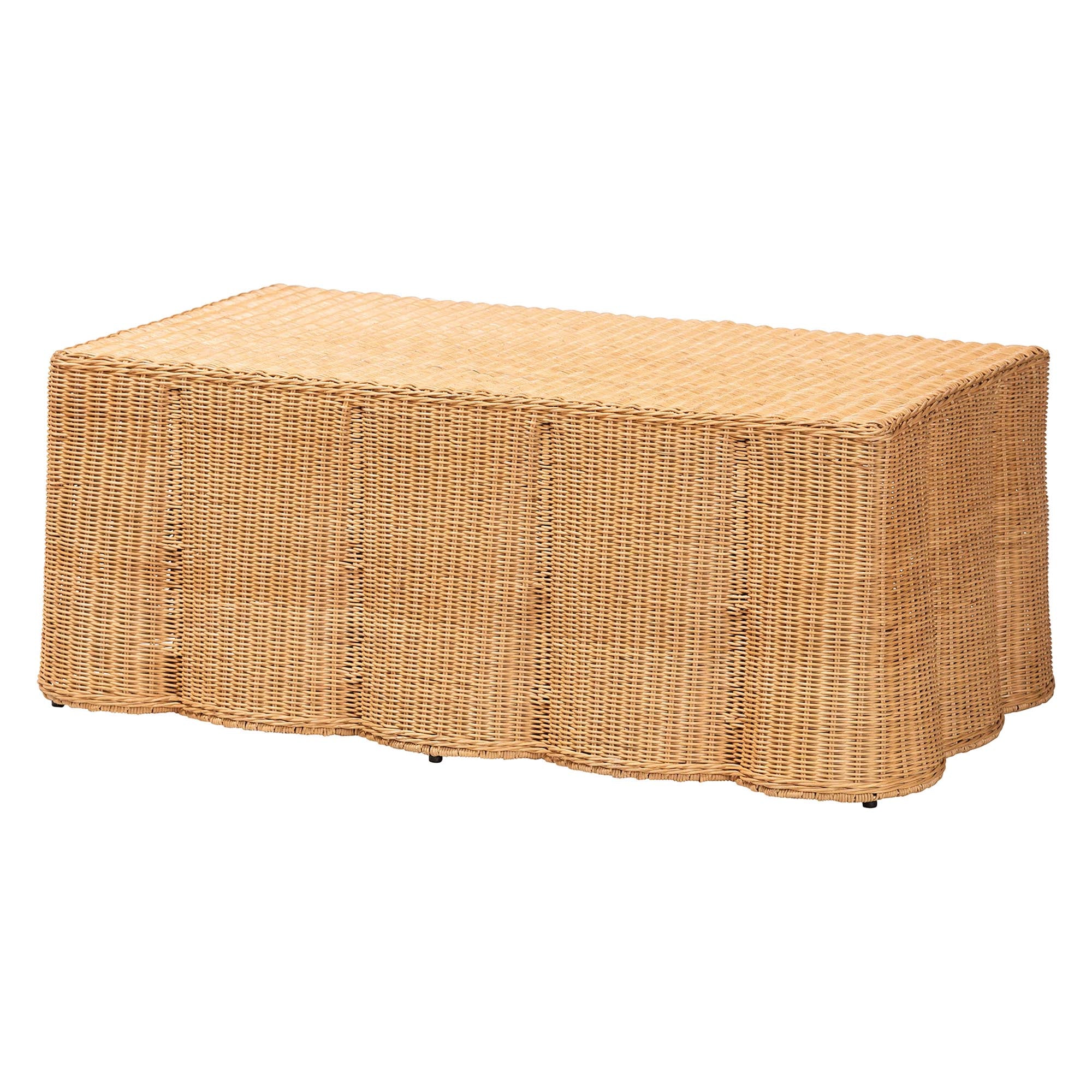 bali & pari Palm Scalloped Rattan Coffee Table - Handwoven Wicker Rectangle Accent Table for Living Room, Patio or Sunroom, Coastal Boho Style, Light Honey