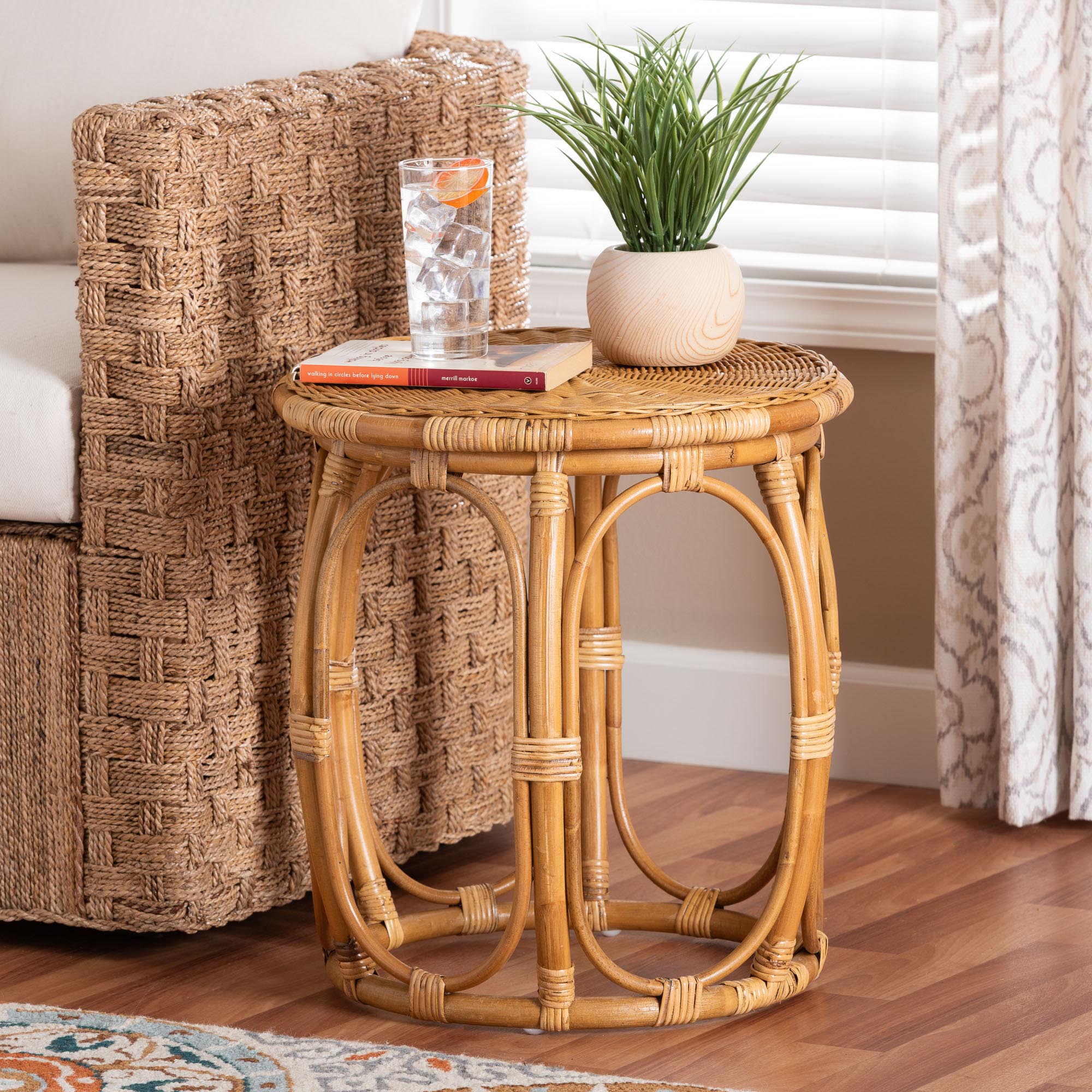 bali & pari Jayana Rattan Round End Table - Handwoven Wicker Accent Table with Open Frame Base, Lightweight Coastal Boho Side Table for Living Room or Patio