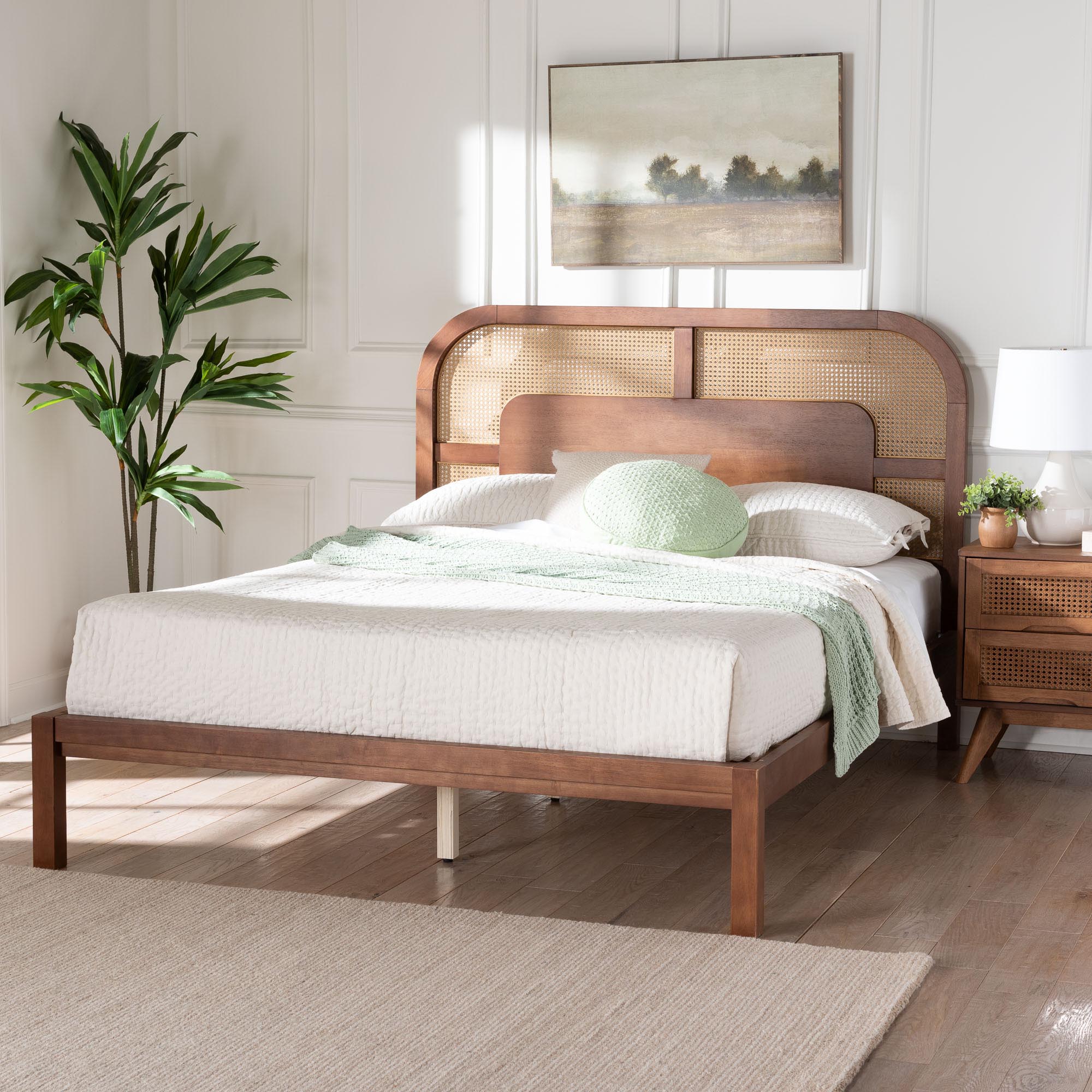 Raewyn Wood Platform Bed - Low Profile Bed Frame with Decorative Rattan Weave Inlay and Rounded Headboard,