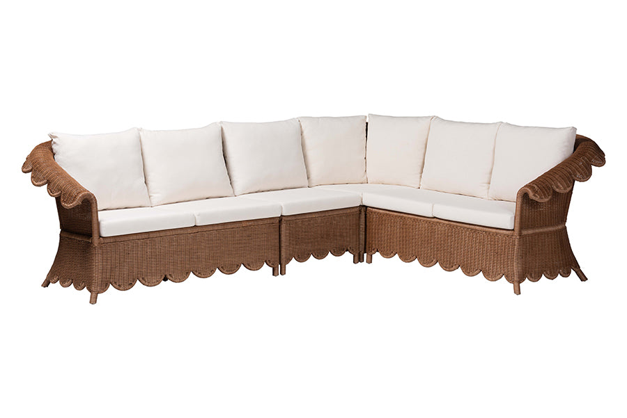 Bali & Pari Detta Rattan 4-Piece Sectional Set Handwoven Wicker Corner Lounge Seating with Scalloped Skirt Base and Rolled Arms, Boho Coastal Style for Sunroom or Living Room