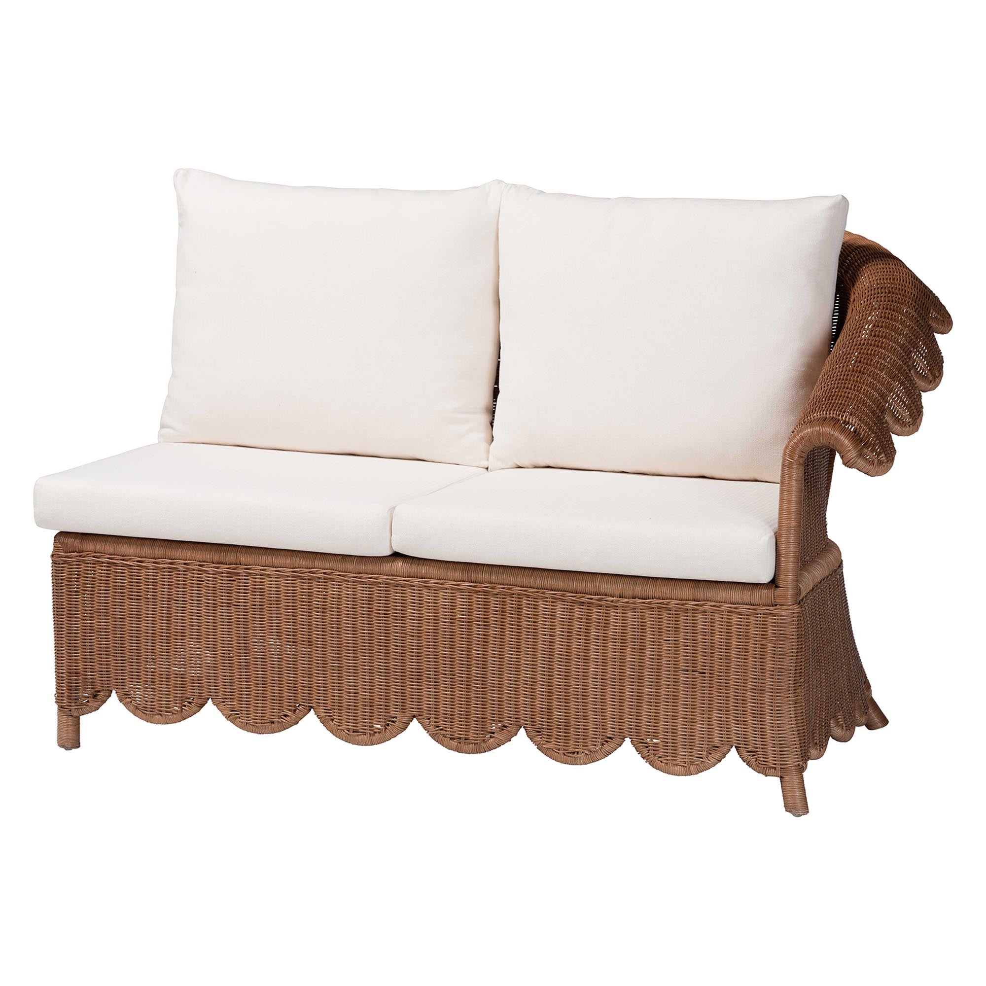 Bali & Pari Detta Rattan 4-Piece Sectional Set Handwoven Wicker Corner Lounge Seating with Scalloped Skirt Base and Rolled Arms, Boho Coastal Style for Sunroom or Living Room
