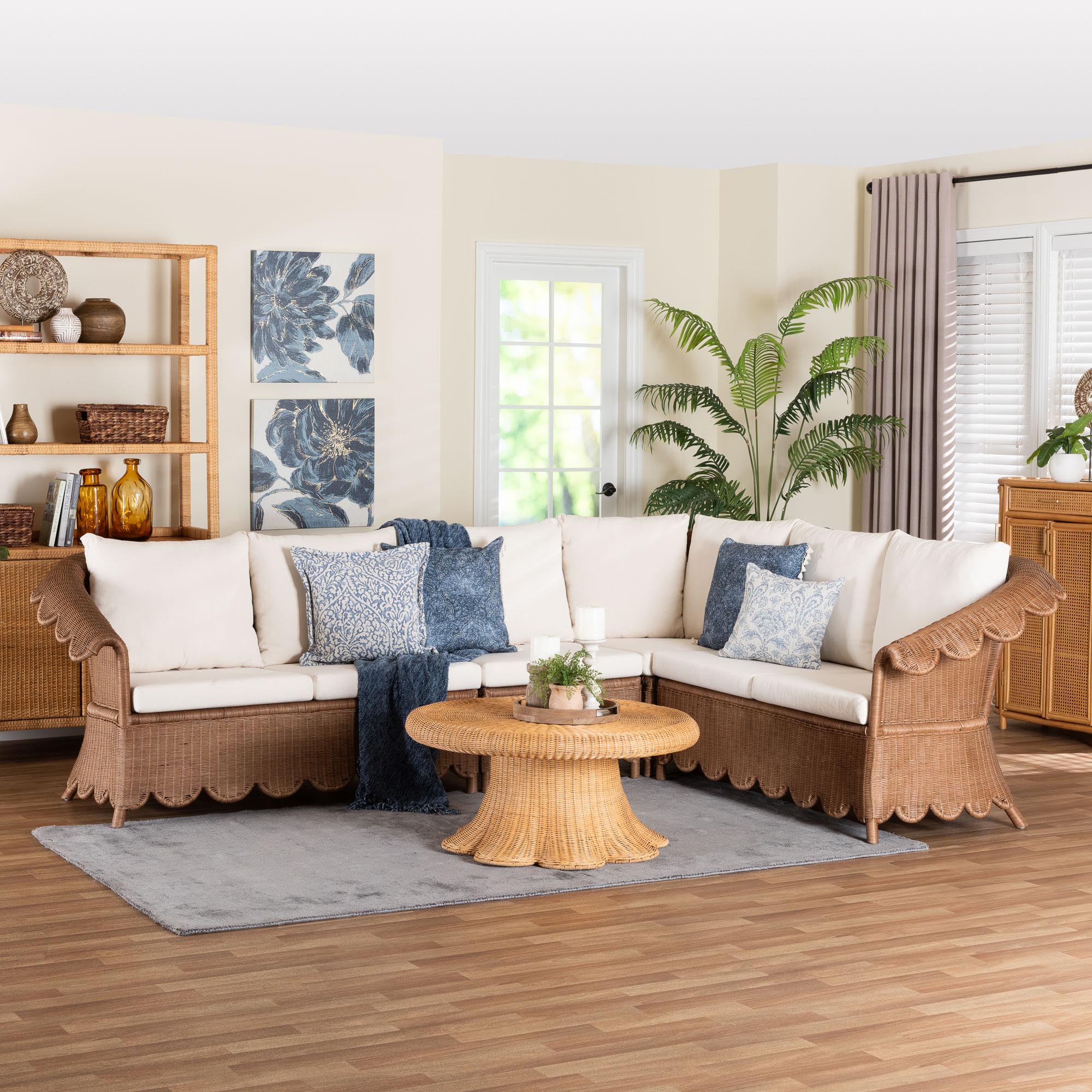 Bali & Pari Detta Rattan 4-Piece Sectional Set Handwoven Wicker Corner Lounge Seating with Scalloped Skirt Base and Rolled Arms, Boho Coastal Style for Sunroom or Living Room