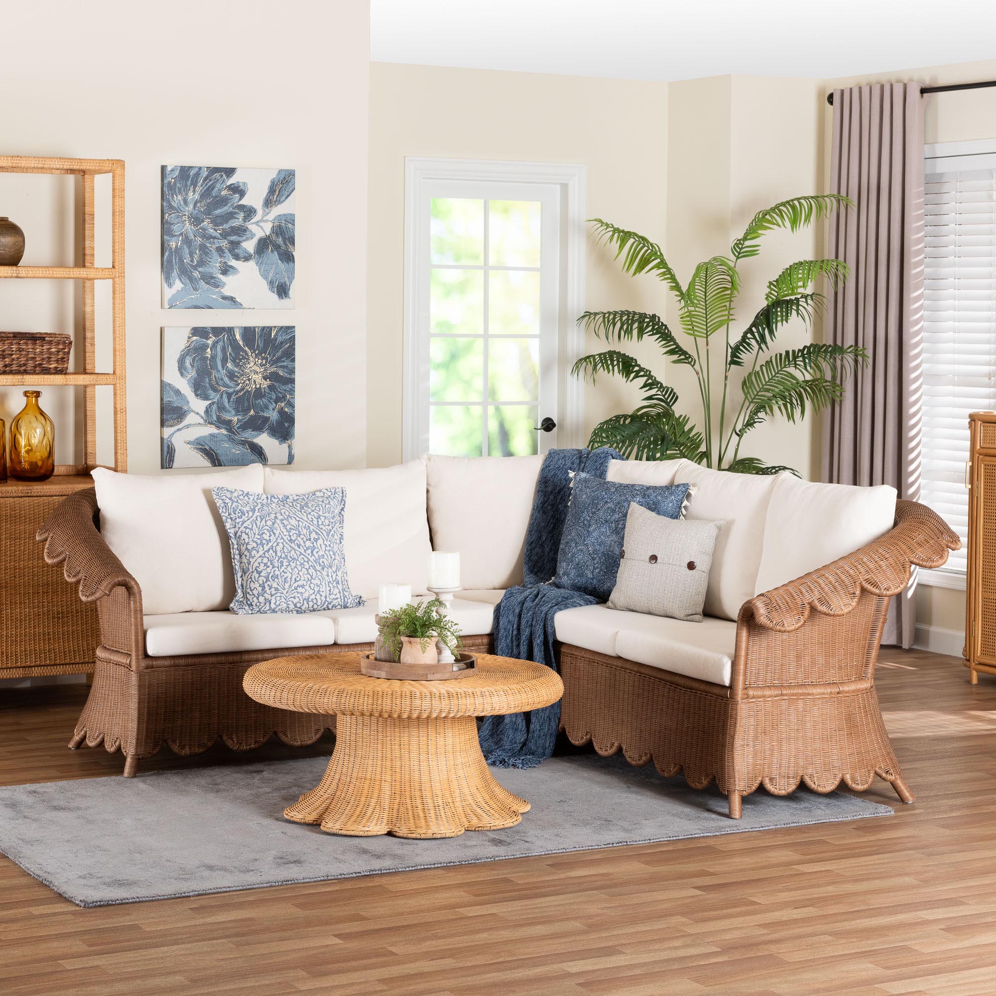 Bali & Pari Detta Rattan 3-Piece Sectional Set Handwoven Wicker Corner Lounge Seating with Scalloped Skirt Base and Rolled Arms, Boho Coastal Style for Sunroom or Living Room
