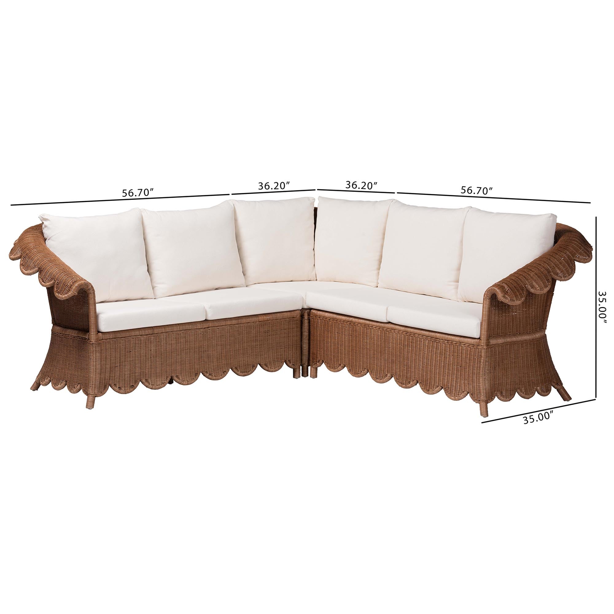 Bali & Pari Detta Rattan 3-Piece Sectional Set Handwoven Wicker Corner Lounge Seating with Scalloped Skirt Base and Rolled Arms, Boho Coastal Style for Sunroom or Living Room