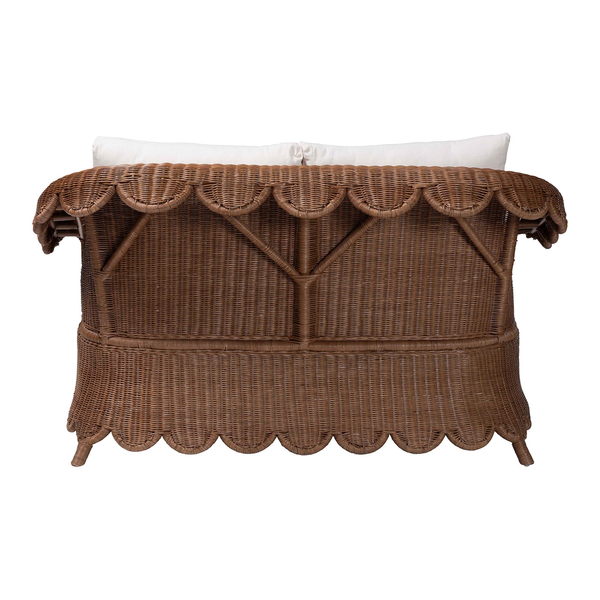 Bali & Pari Detta Rattan Loveseat with Cushion Handwoven Wicker Settee with Rolled Arms and Scalloped Skirt Base, Boho Coastal Style for Sunroom or Lounge