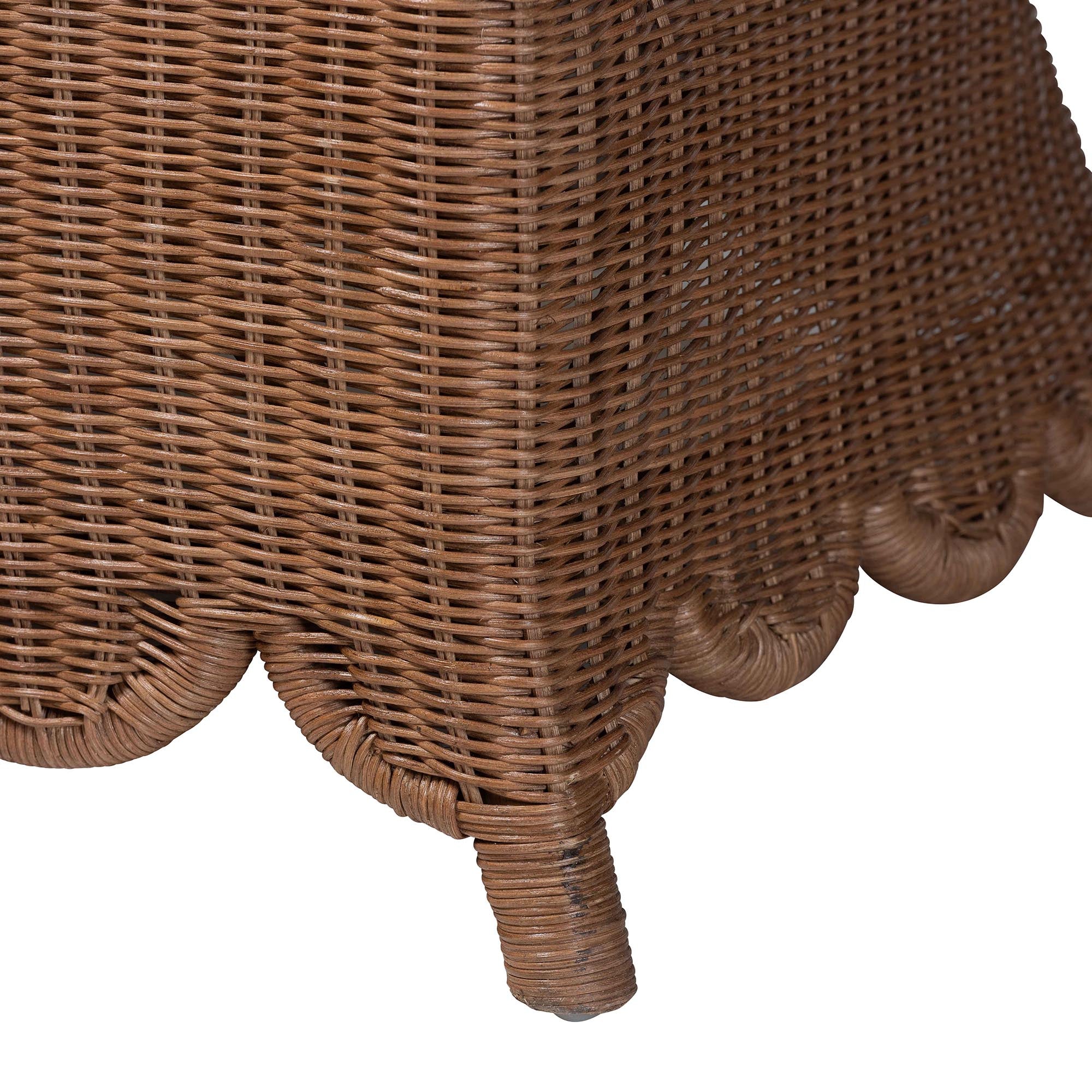 Bali & Pari Detta Rattan Loveseat with Cushion Handwoven Wicker Settee with Rolled Arms and Scalloped Skirt Base, Boho Coastal Style for Sunroom or Lounge