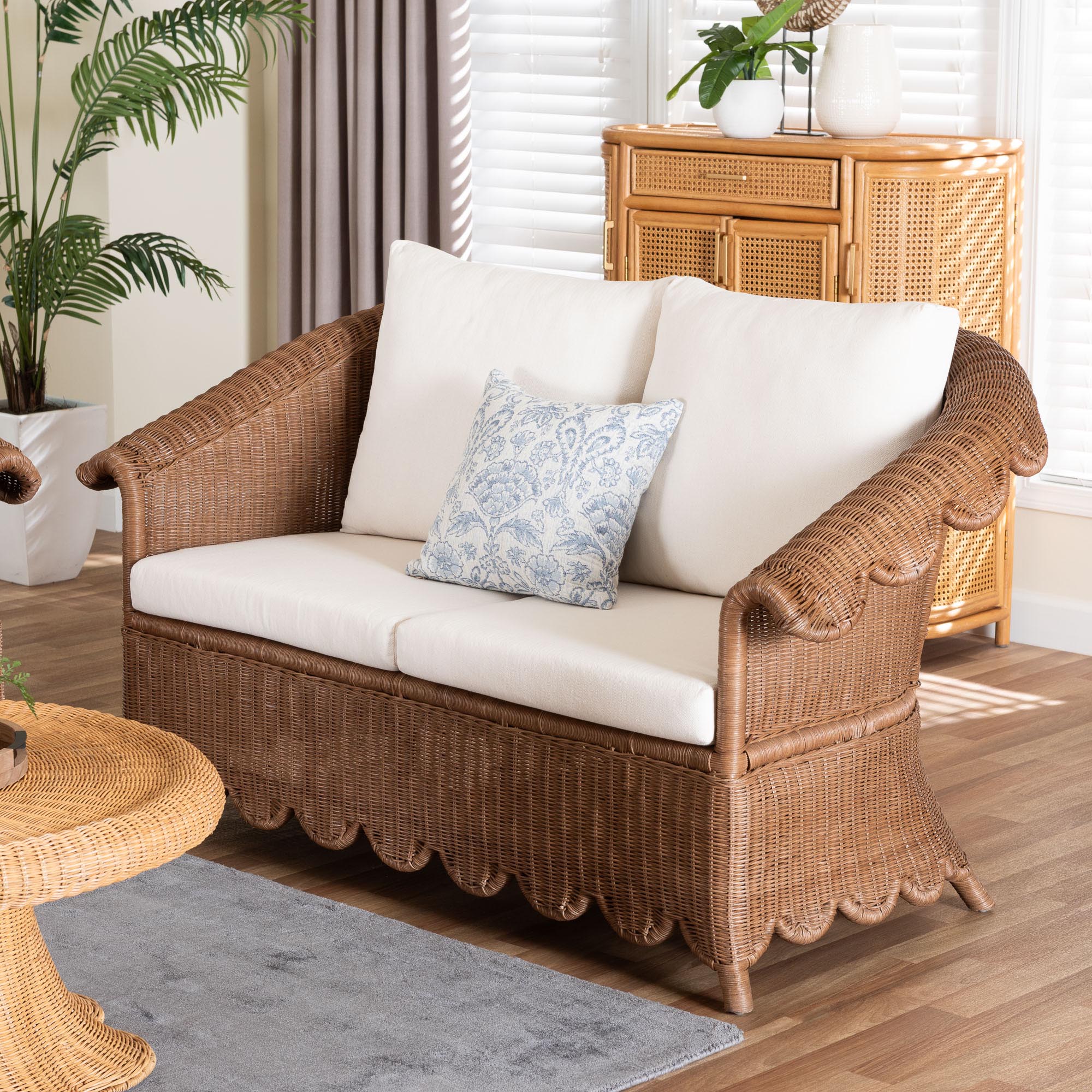 Bali & Pari Detta Rattan Loveseat with Cushion Handwoven Wicker Settee with Rolled Arms and Scalloped Skirt Base, Boho Coastal Style for Sunroom or Lounge