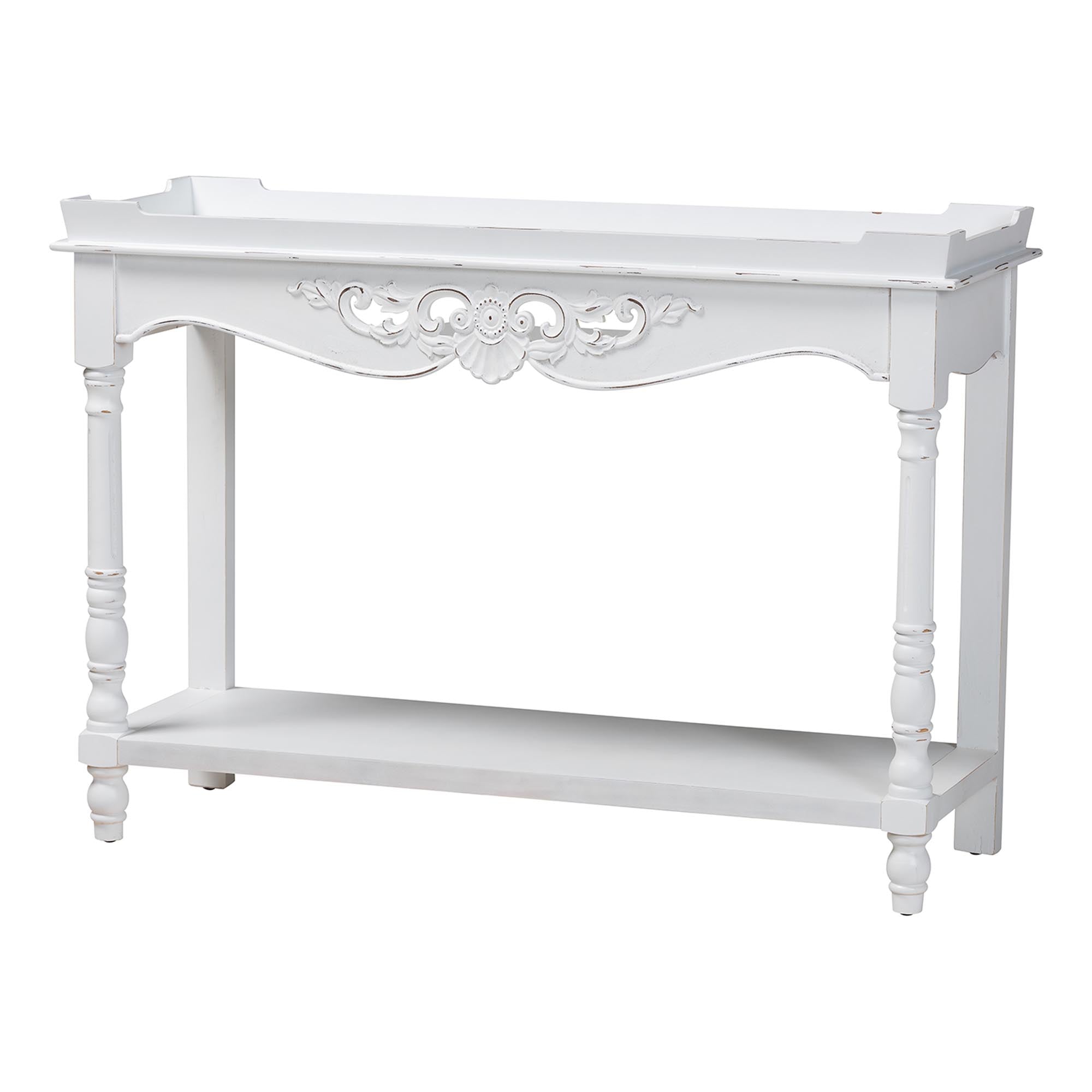 Rafferty Distressed Console Table - Vintage-Inspired Accent Table with Ornate Carved Apron and Lower Shelf, Classic Entryway or Sofa Table