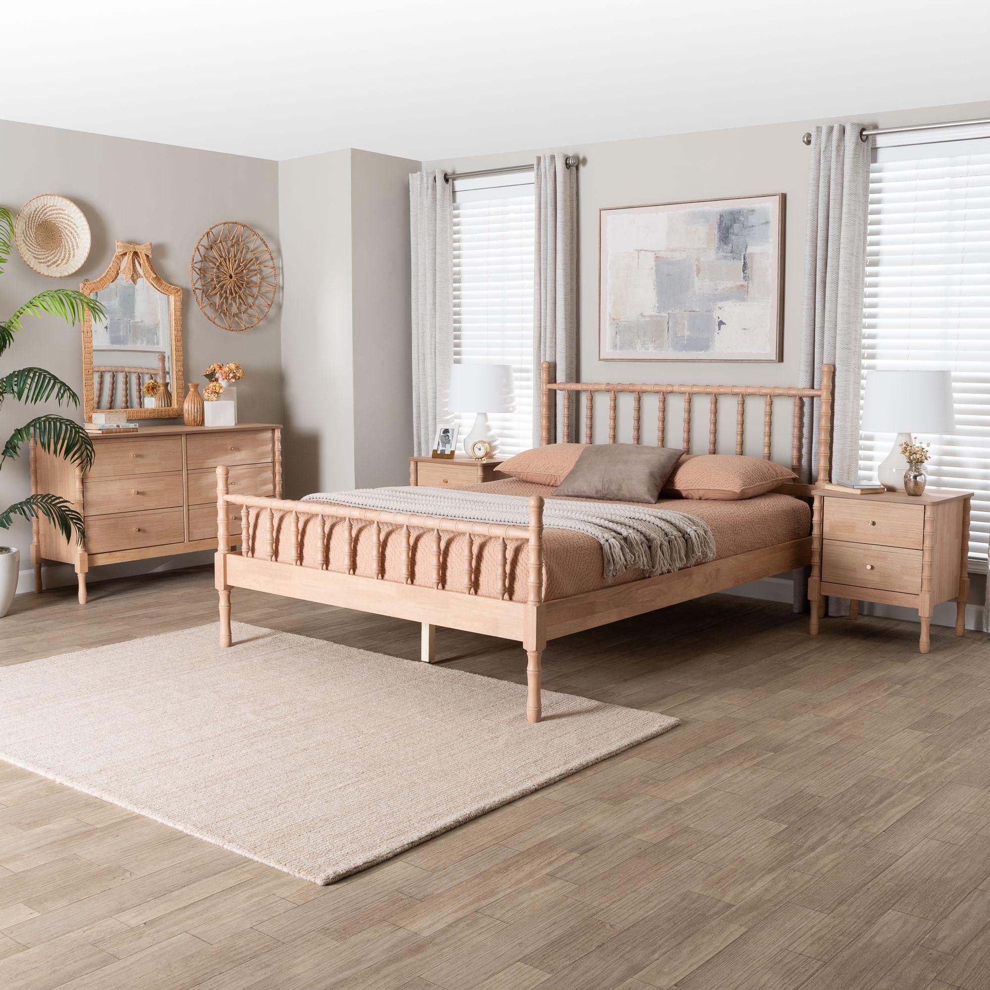 Laurent Bamboo-Style 4-Piece Bedroom Set - Spindle Platform Bed with Matching Dresser and Two Nightstands, Cottage Farmhouse Style,