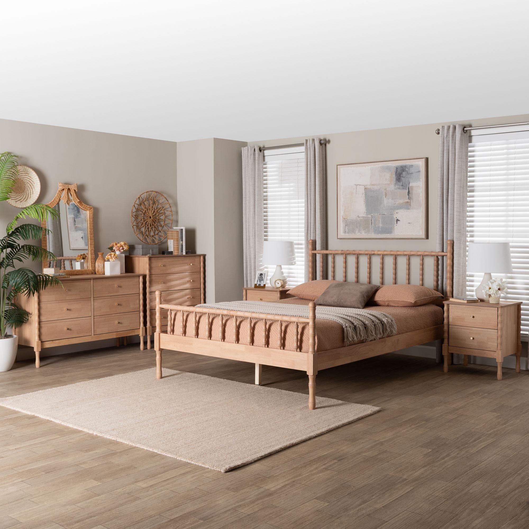 Laurent Bamboo-Style 5-Piece Bedroom Set - Spindle Platform Bed with Matching Dresser, Chest, and Two Nightstands, Cottage Farmhouse Style,
