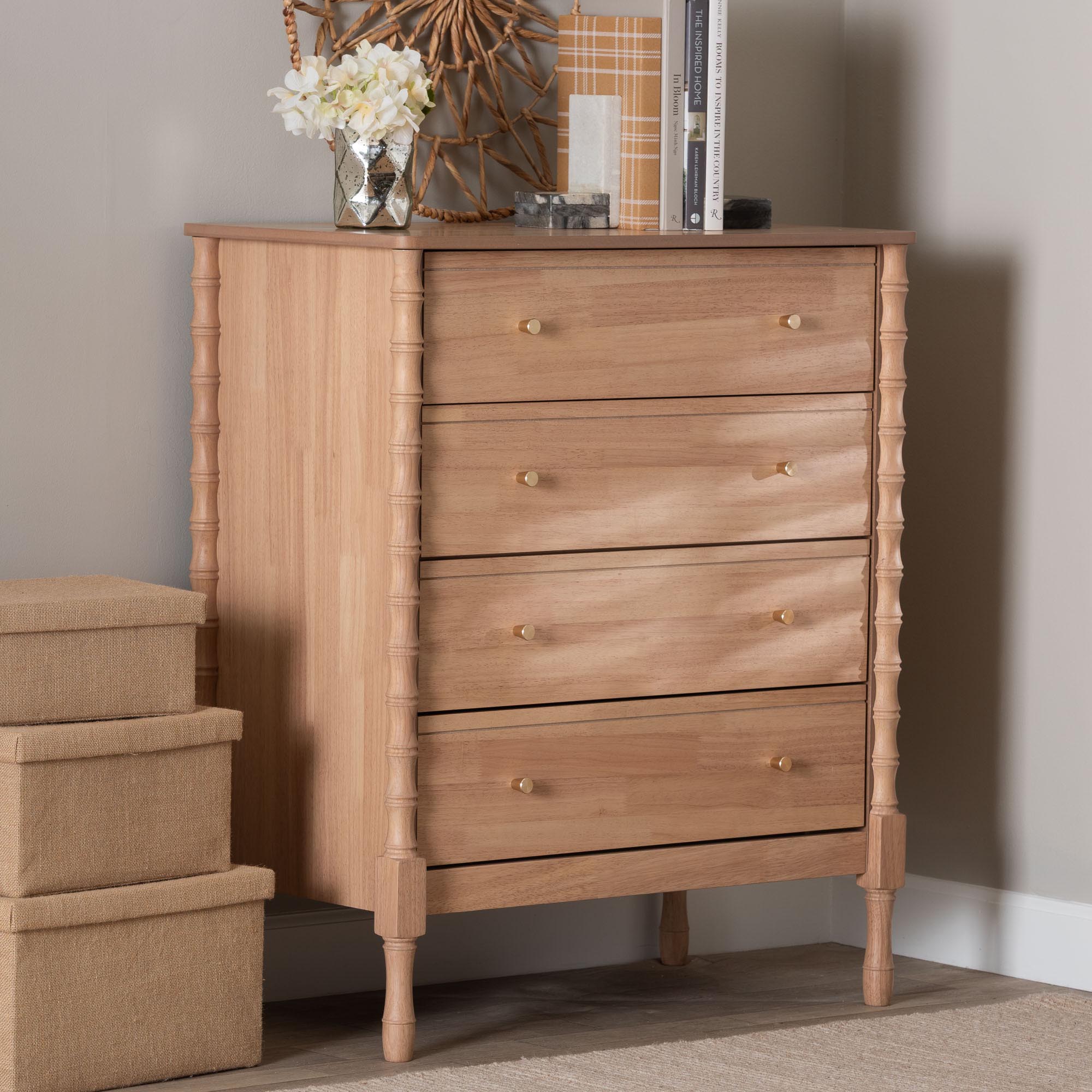 Laurent Chest - 4-Drawer Bedroom Organizer with Bamboo-Style Turned Legs, Cottage Farmhouse Storage Cabinet for Clothing or Linens