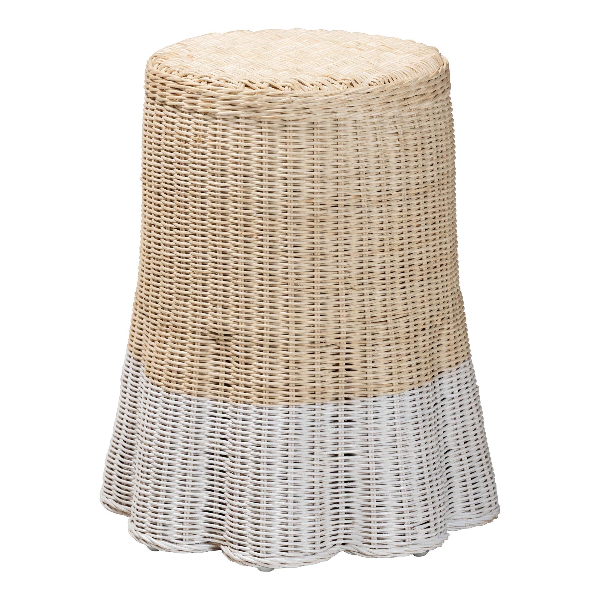 bali & pari Sarna Rattan End Table - Handwoven Wicker Accent Table with Scalloped Base and Two-Tone Finish, Boho Coastal Style Side Table