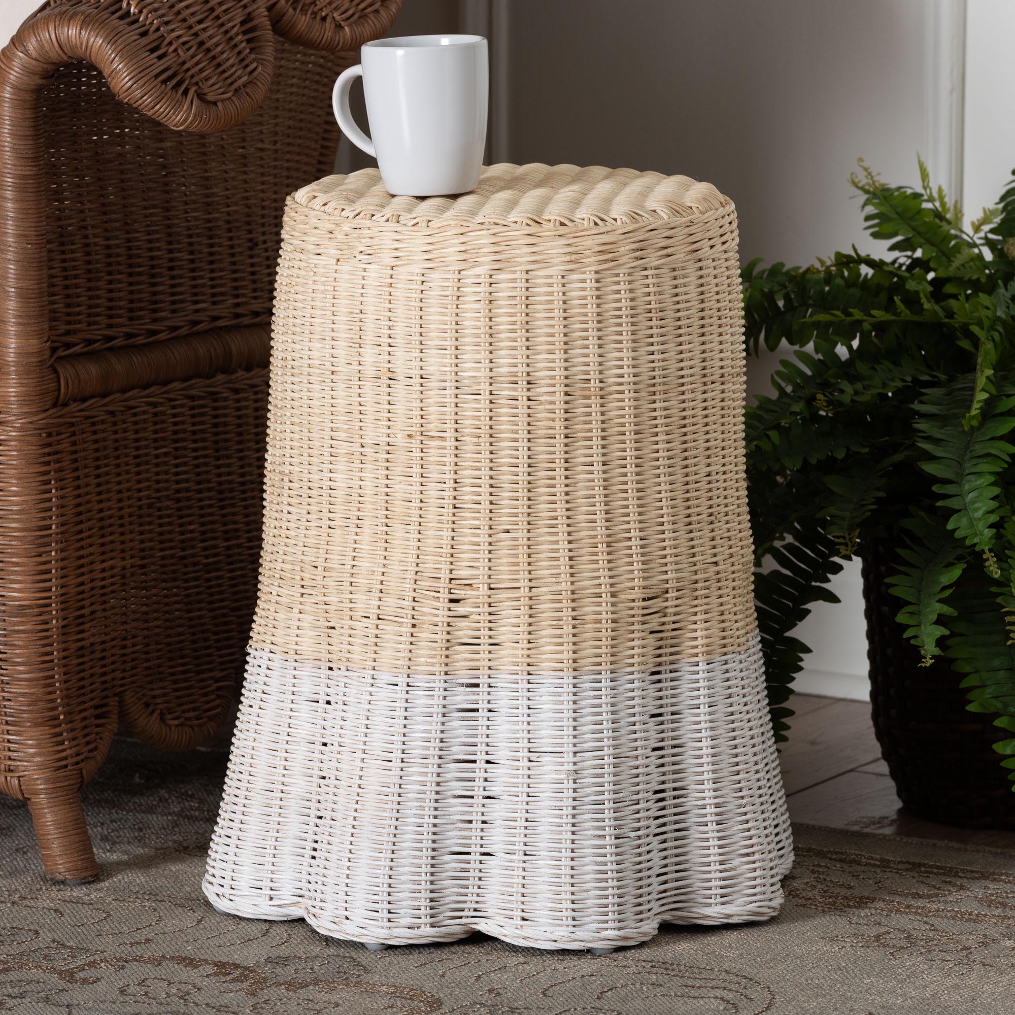 bali & pari Sarna Rattan End Table - Handwoven Wicker Accent Table with Scalloped Base and Two-Tone Finish, Boho Coastal Style Side Table