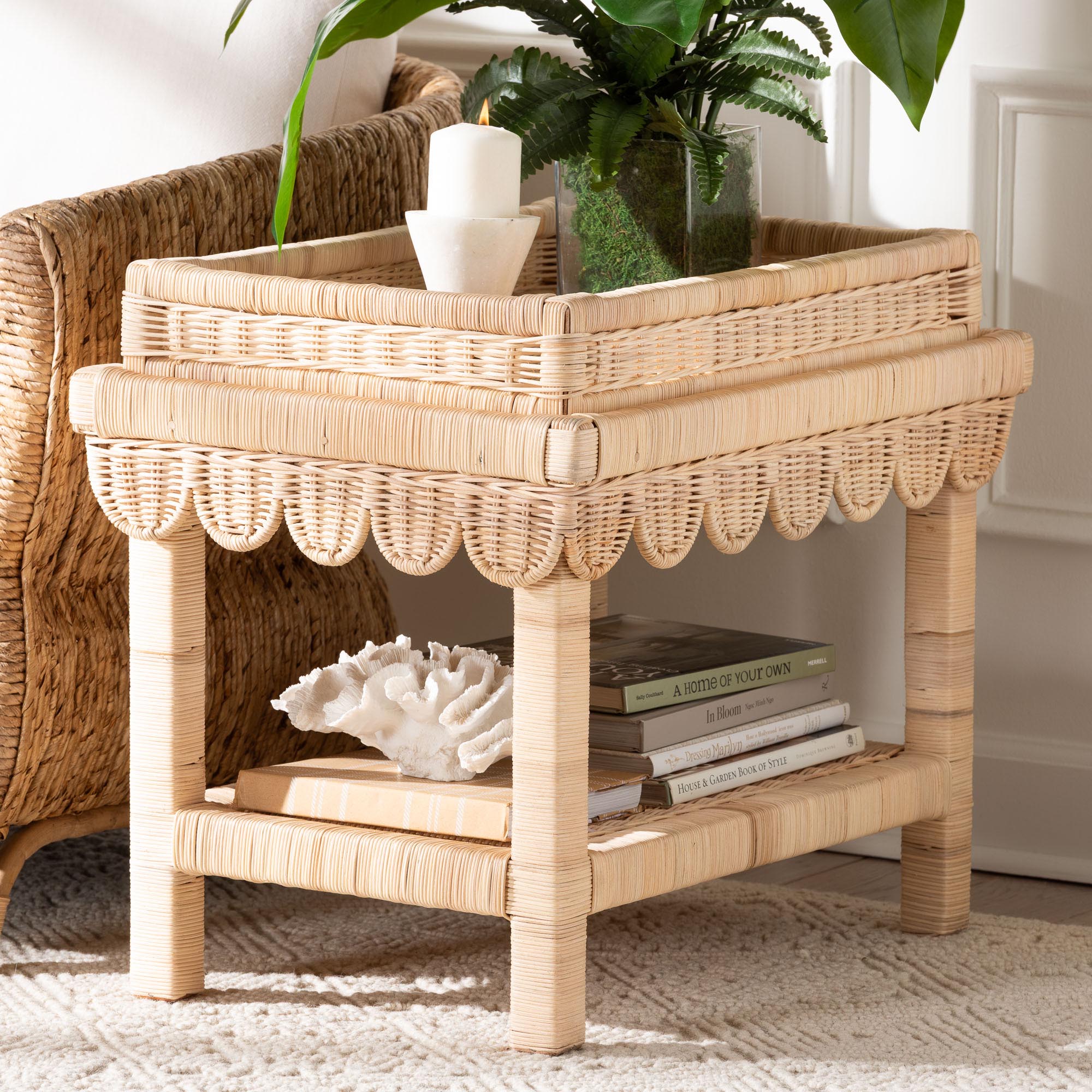 bali & pari Weyman Scalloped Rattan End Table with Removable Tray Top - Handwoven Rattan Accent Table with Shelf, Coastal Boho Style Side Table for Living Room or Bedroom