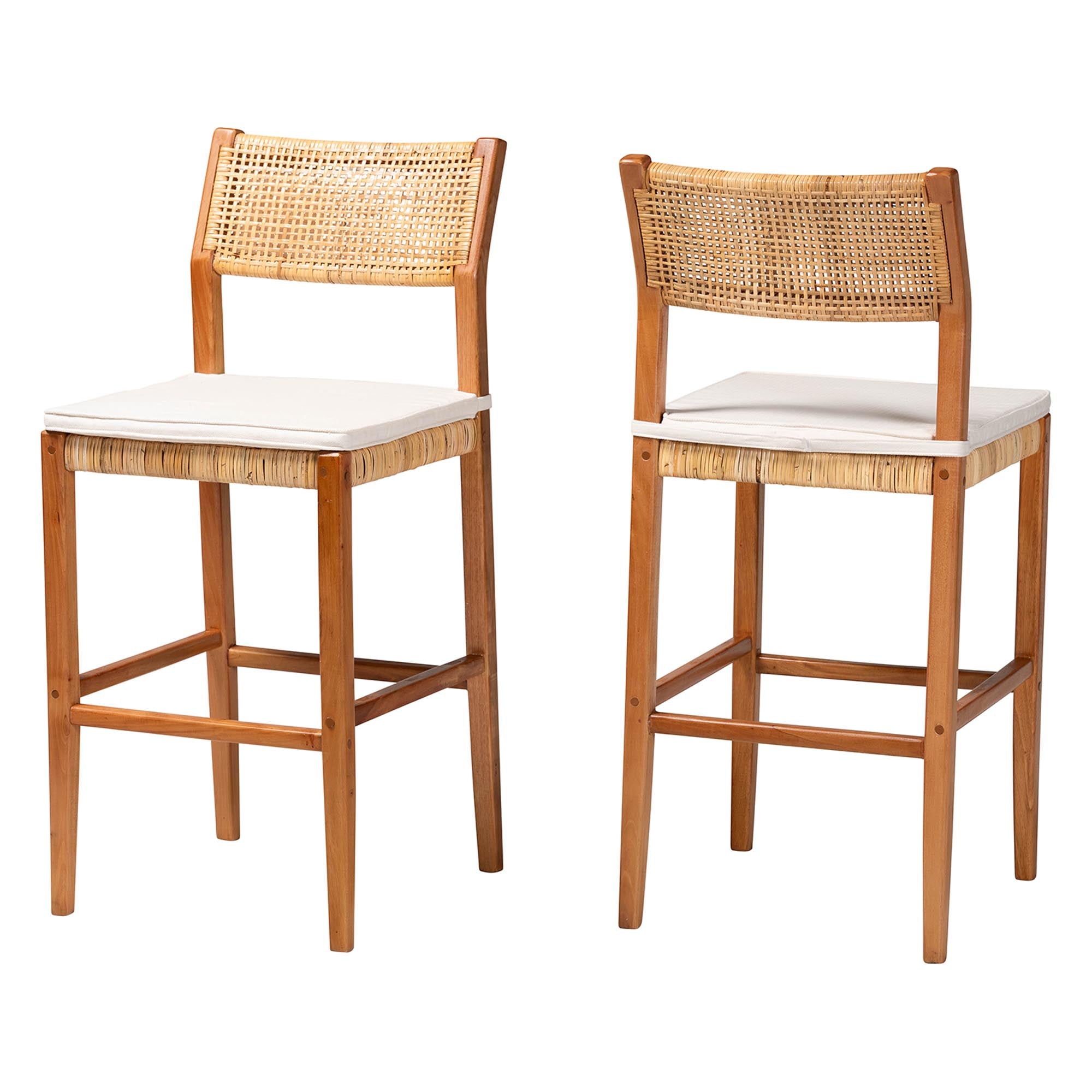 bali & pari Chatura Rattan and Mahogany Wood 2-Piece Bar Stool Set - Handwoven Wicker Stool with Angled Back, Coastal Boho Seating for Lounge, Bar Height