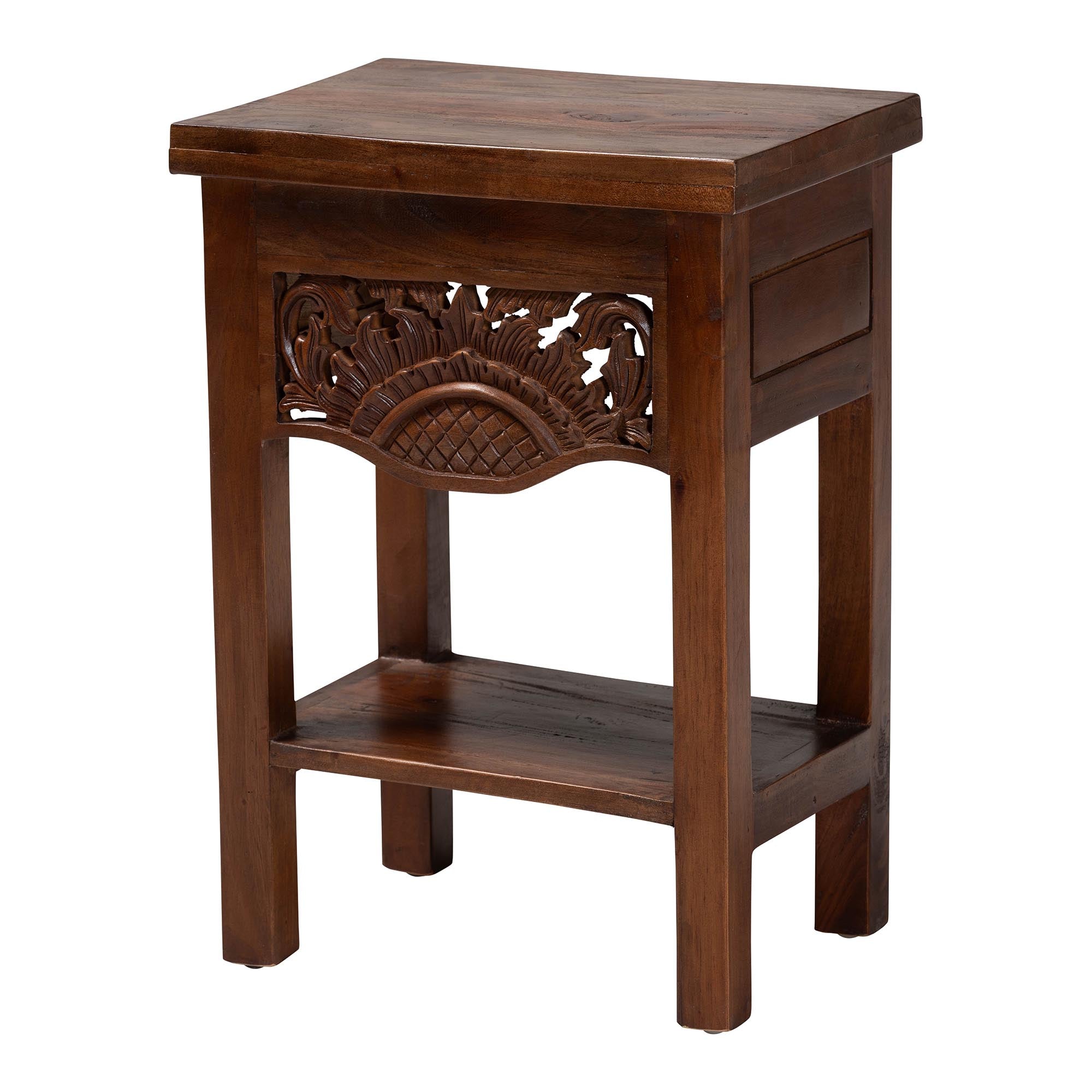 bali & pari Alexandra Handcarved Mahogany Wood Nightstand - Decorative Accent Table with Lower Shelf, Traditional Artisan Furniture