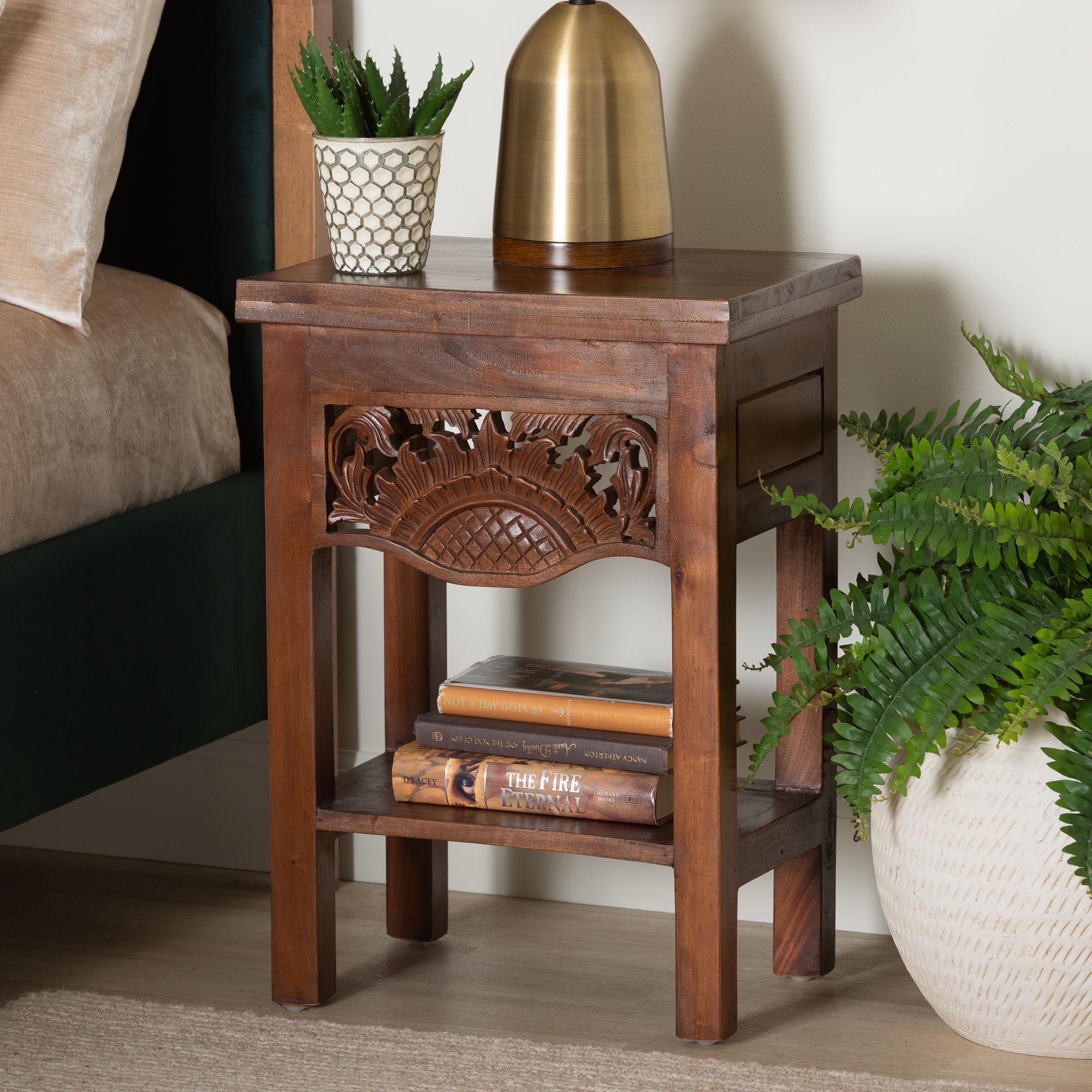 bali & pari Alexandra Handcarved Mahogany Wood Nightstand - Decorative Accent Table with Lower Shelf, Traditional Artisan Furniture