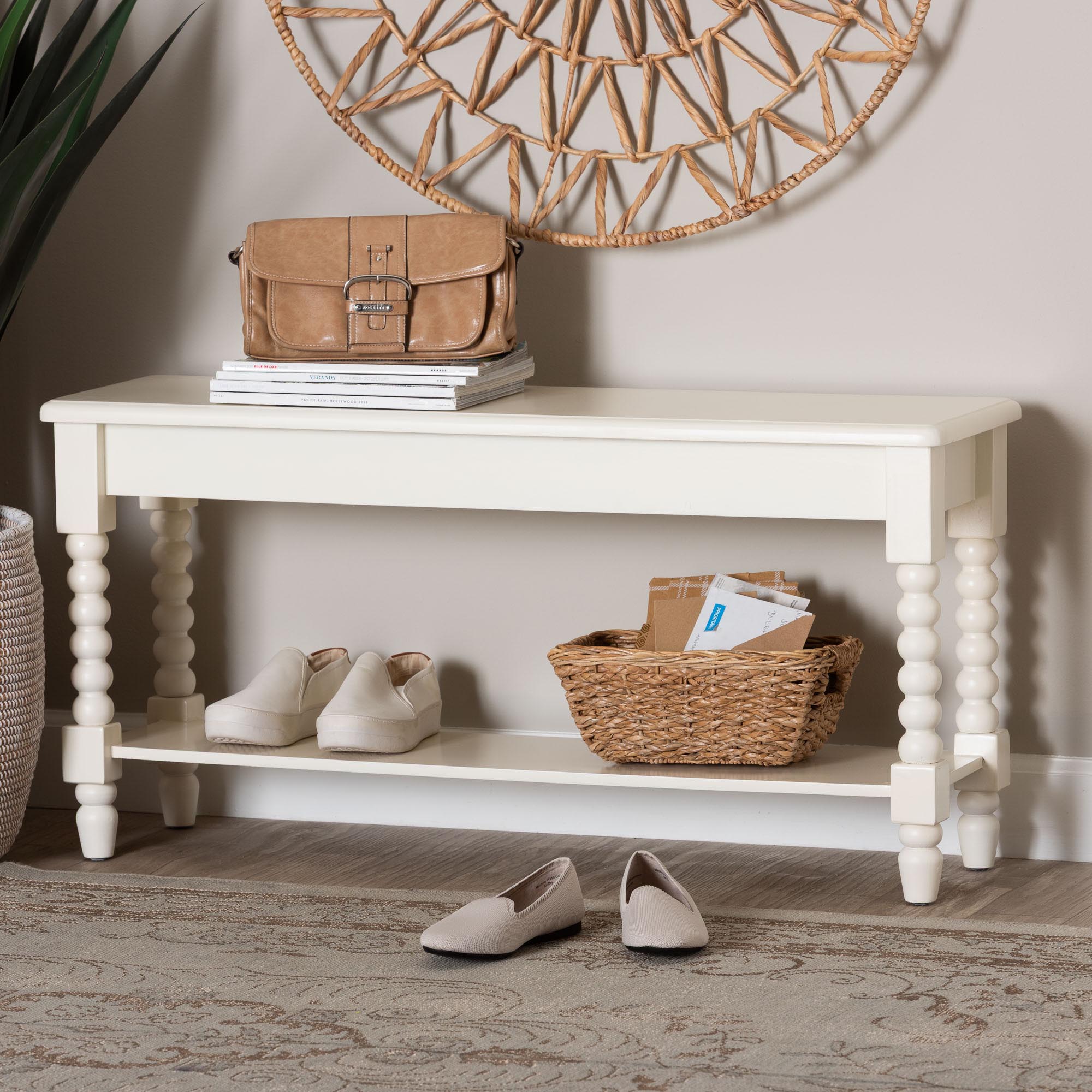 Bayard Accent Bench with Bobbin Legs - Spindle Leg Entryway Bench with Shelf, Cottage Farmhouse Style Hallway or Mudroom Seating