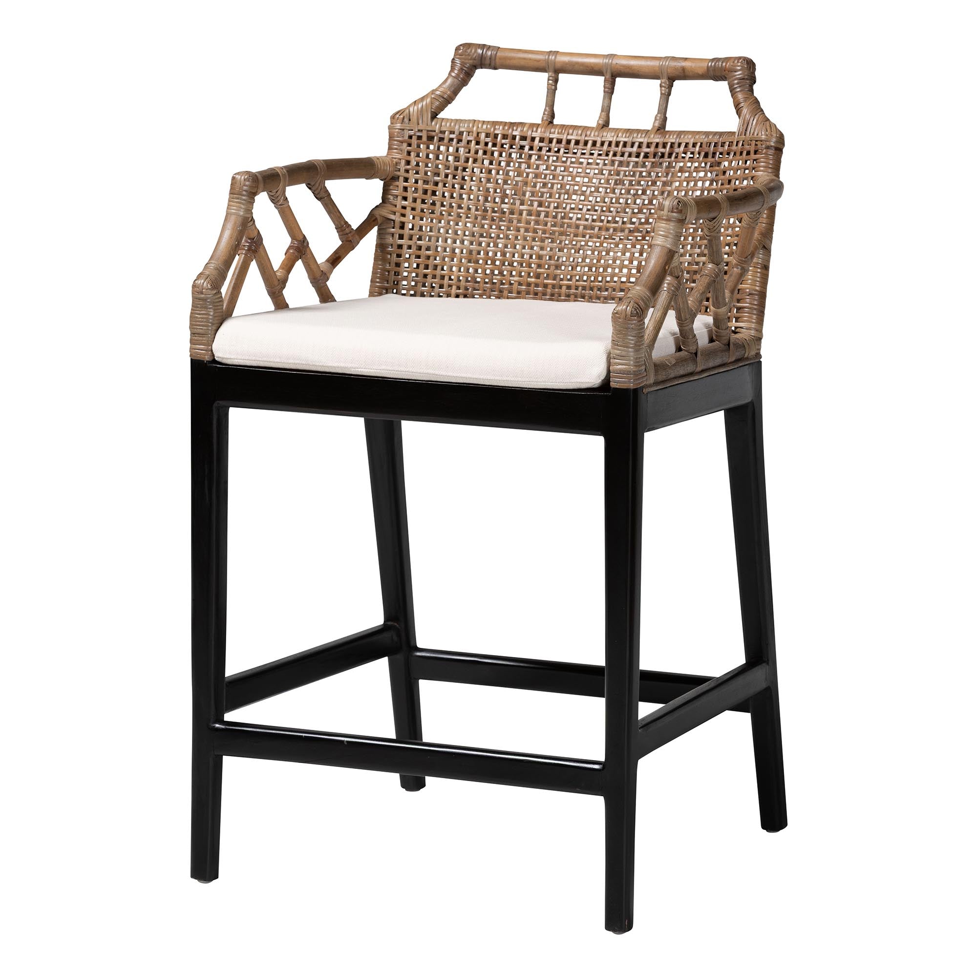 bali & pari Abiel Rattan Counter Stool with Arms and Removable Cushion - Handwoven Wicker Stool with Mahogany Wood Frame, Coastal Boho Seating for Kitchen or Dining Area