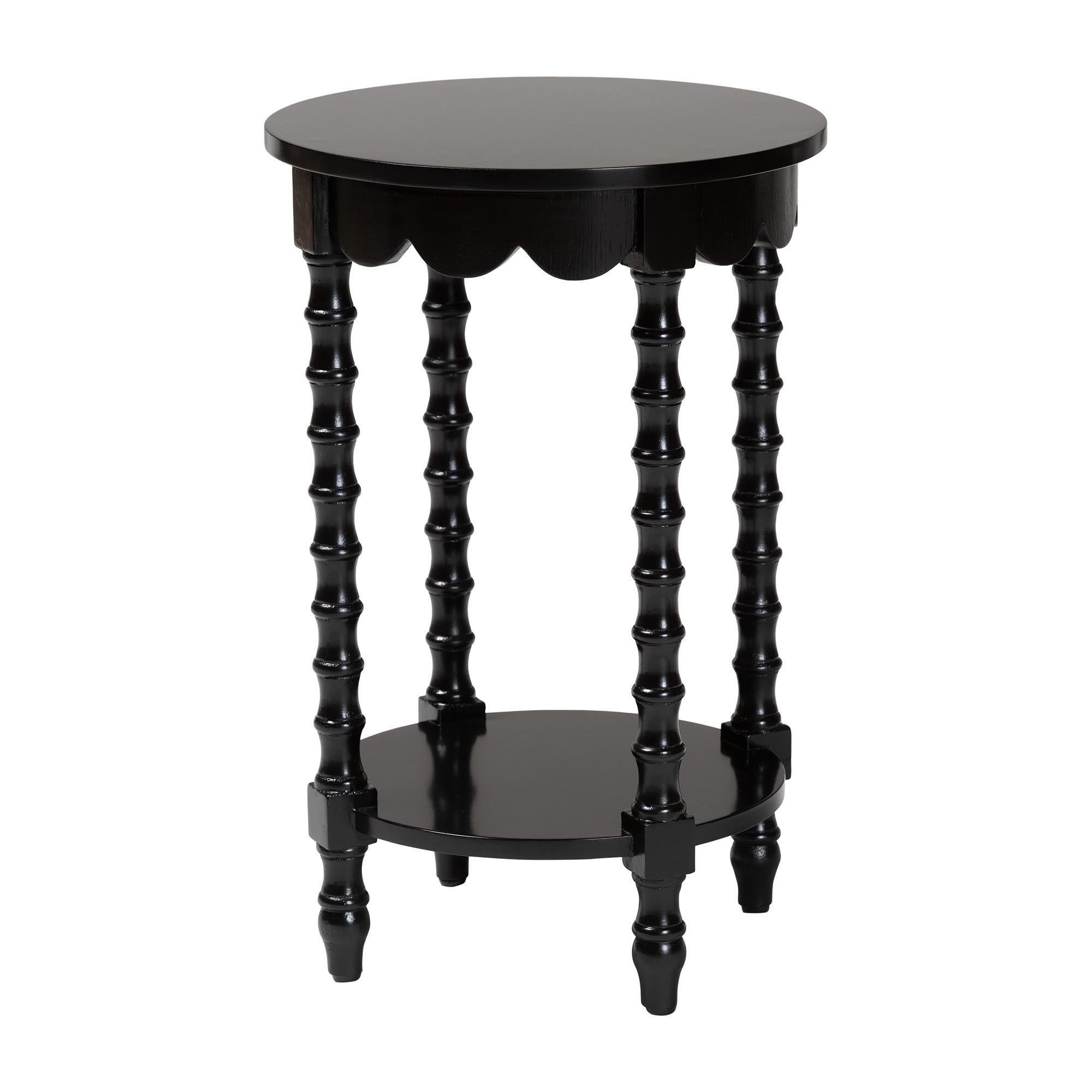 Sally Round Nightstand with Bamboo Inspired Legs - Scalloped Bedroom Side Table with Open Shelf,