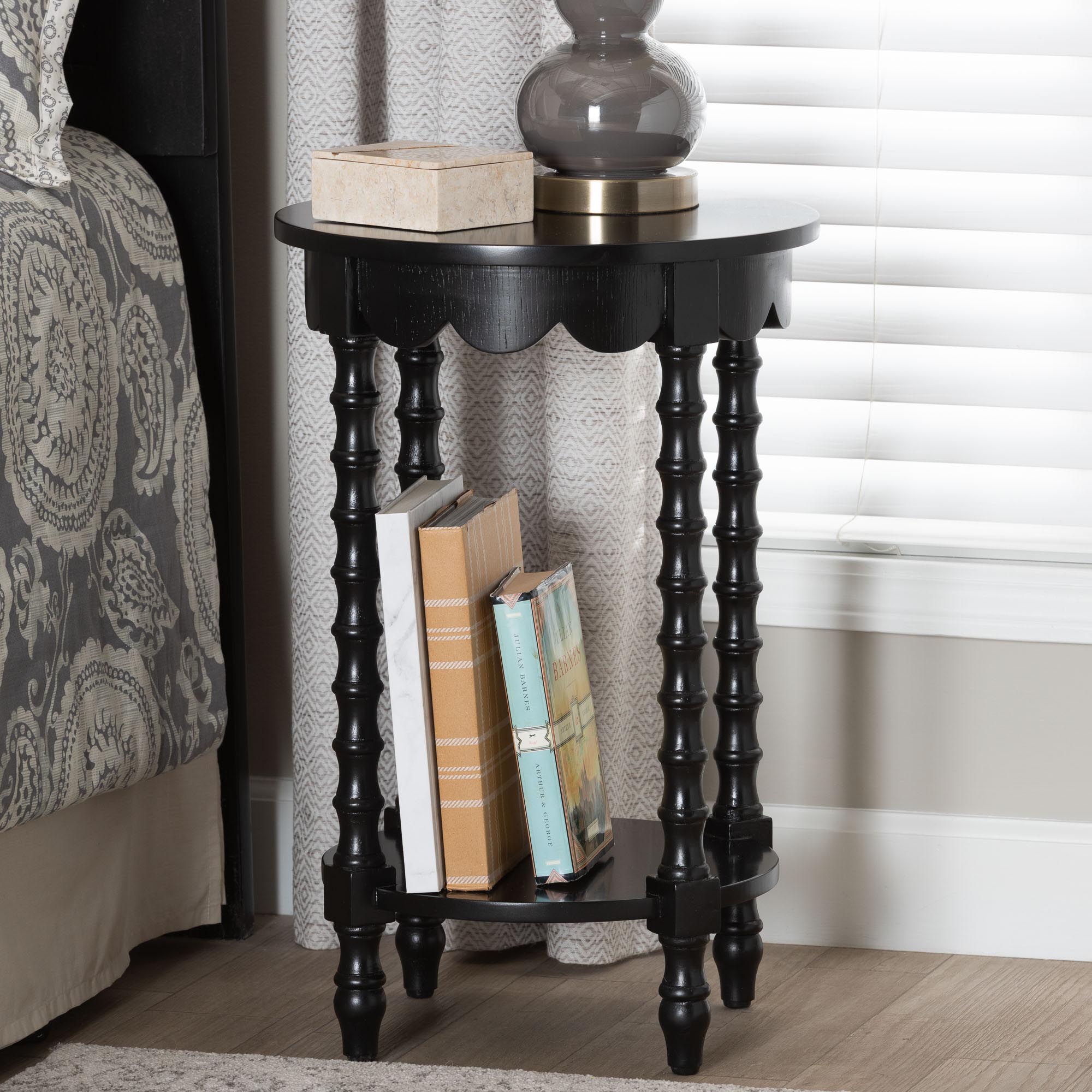 Sally Round Nightstand with Bamboo Inspired Legs - Scalloped Bedroom Side Table with Open Shelf,