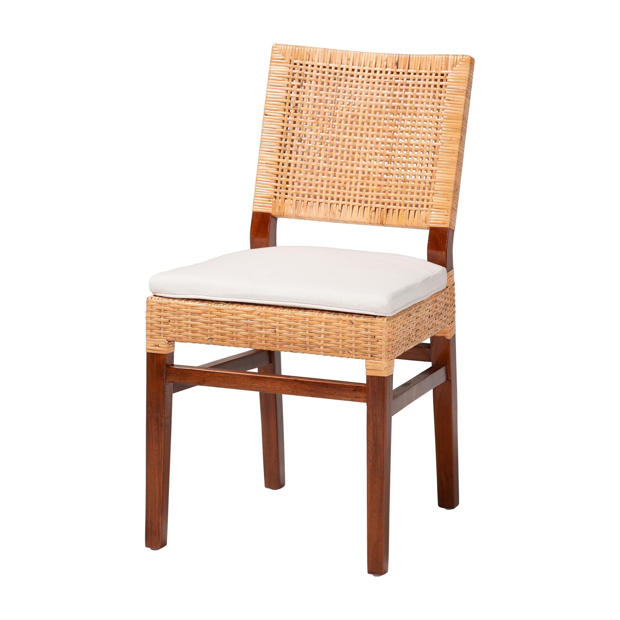 bali & pari Lesia Rattan Dining Chair with Cushion - Handwoven Wicker Side Chair with Mahogany Wood Frame, Coastal Boho Style Seating for Kitchen or Dining Room