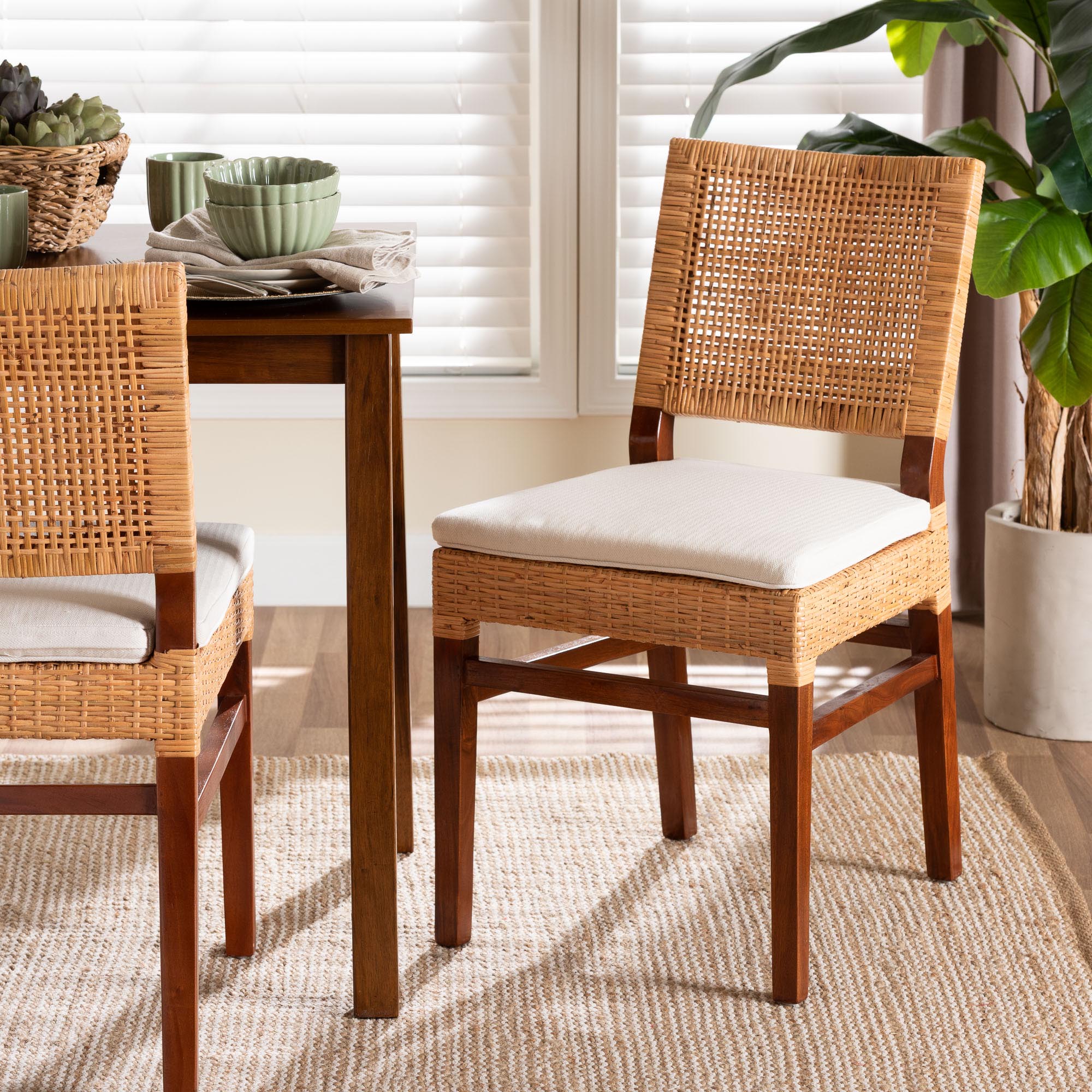 bali & pari Lesia Rattan Dining Chair with Cushion - Handwoven Wicker Side Chair with Mahogany Wood Frame, Coastal Boho Style Seating for Kitchen or Dining Room