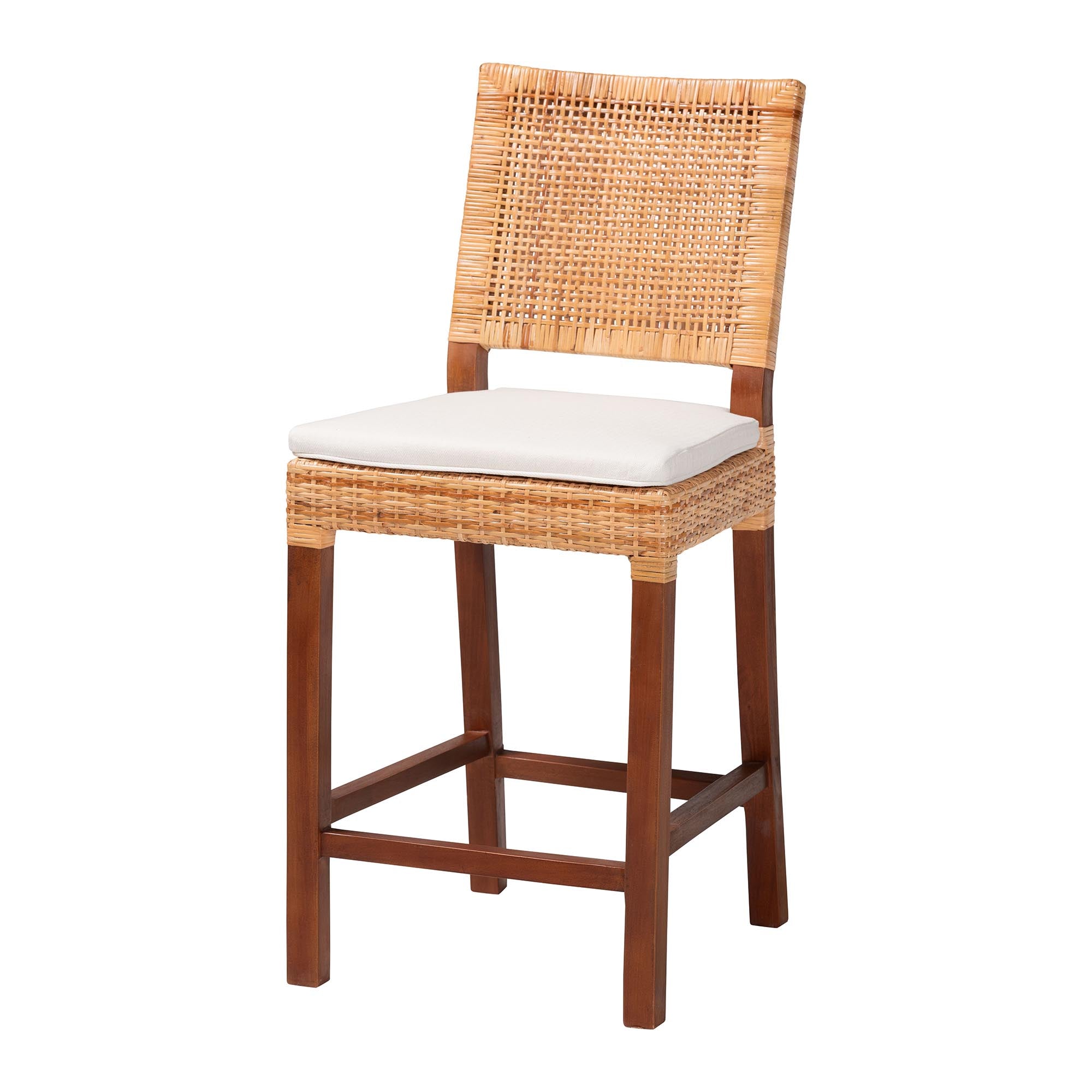 bali & pari Lesia Rattan Counter Stool with Cushion - Handwoven Wicker Stool with Mahogany Wood Frame, Coastal Boho Style for Kitchen Island or Bar Seating