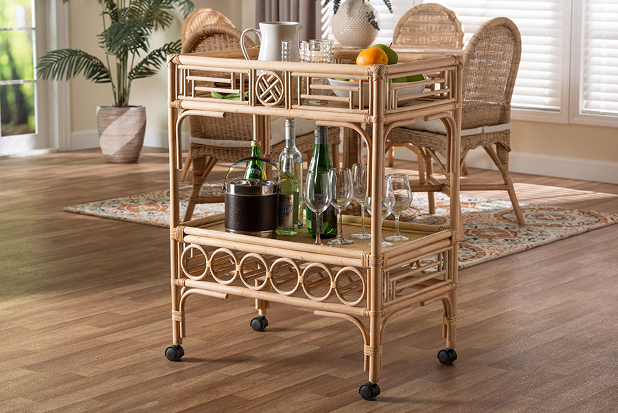Bali & Pari Molina Rattan Wine Cart 2-Tier Beverage Trolley with Wheel and Bottle Holders, Tropical Coastal Style Furniture