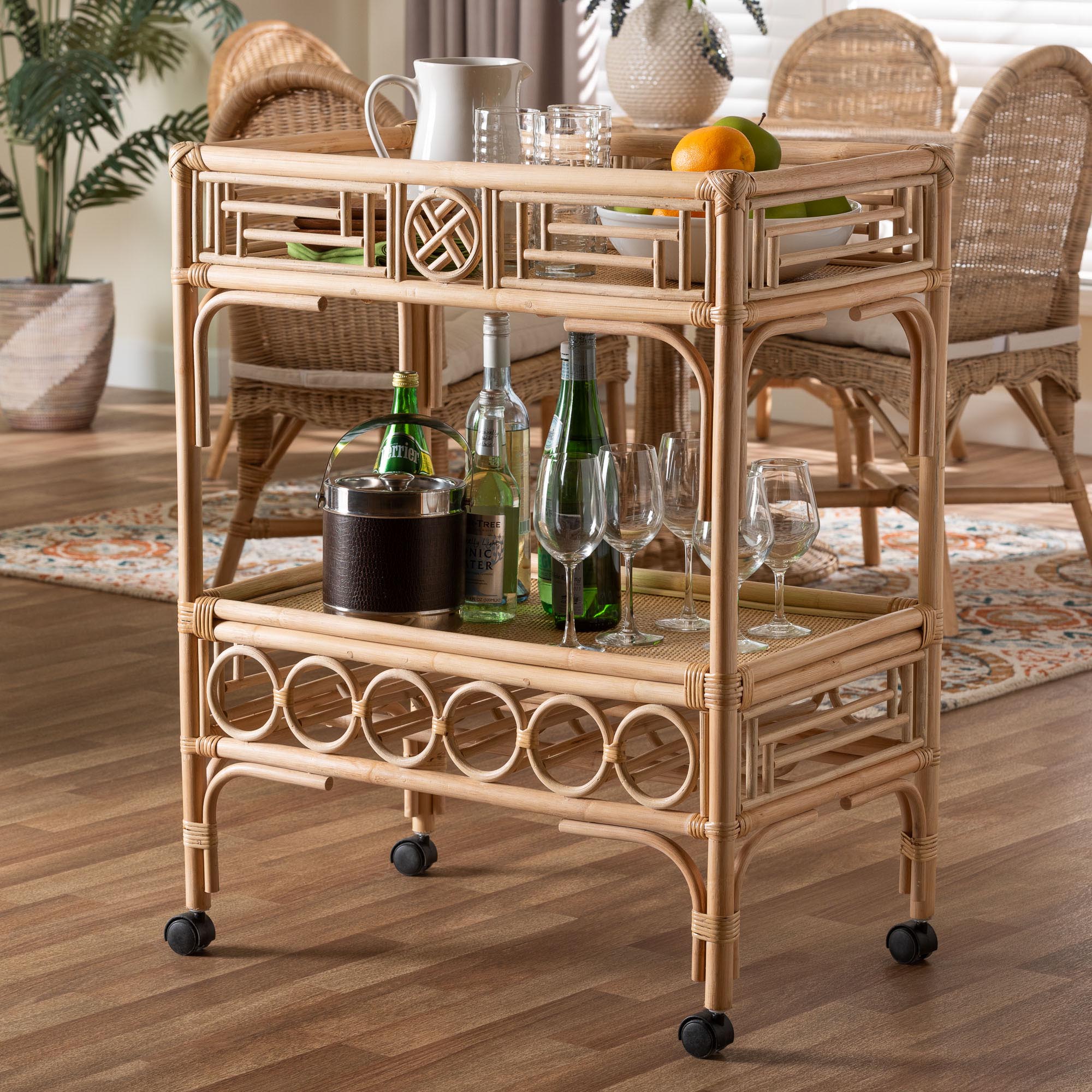 Bali & Pari Molina Rattan Wine Cart 2-Tier Beverage Trolley with Wheel and Bottle Holders, Tropical Coastal Style Furniture